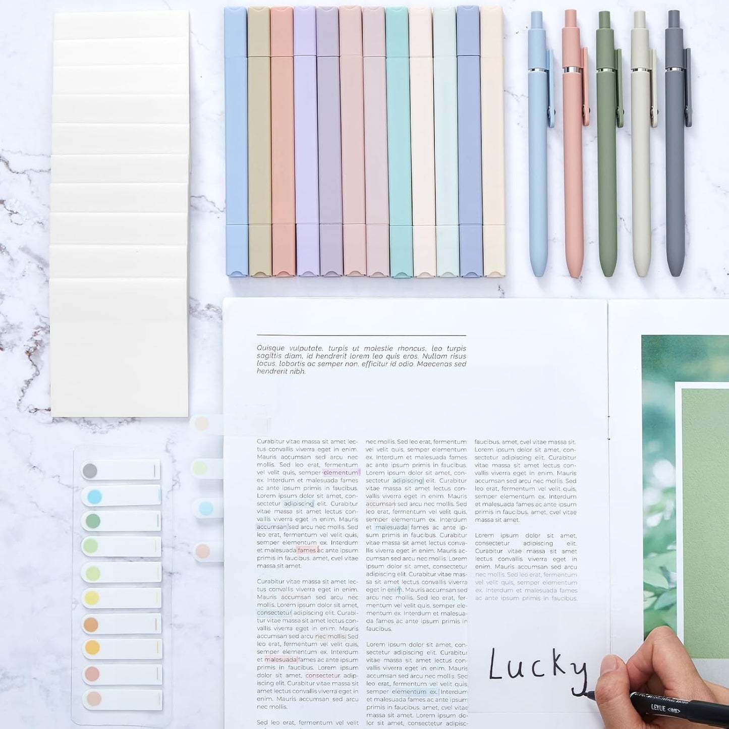 Jutom 38 Pcs Book Annotation Kit Aesthetic Highlighters Gel Pens Set Sticky Notes Tabs Markers Dual Ended Highlighter Quick Dry Ink Pens for Office Annotating Books(Clear,Square)