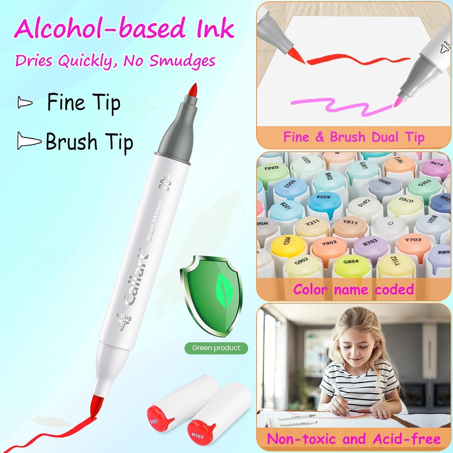 Caliart 121 Colors Brush & Fine Alcohol Markers for Adult Coloring Book, Dual Tip Artist Sketch Art Markers, Aesthetic Cute Preppy Stuff School Supplies, Pens for Lettering Drawing Cards Planner