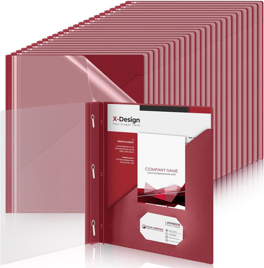 Teling 48 Pack Clear Front Report Covers with 3 Prongs Fasteners, 11.42 x 9.45 Inch Plastic Presentation Folders Bulk, 90 Sheet Capacity, Book File Covers for Office School Business, Red