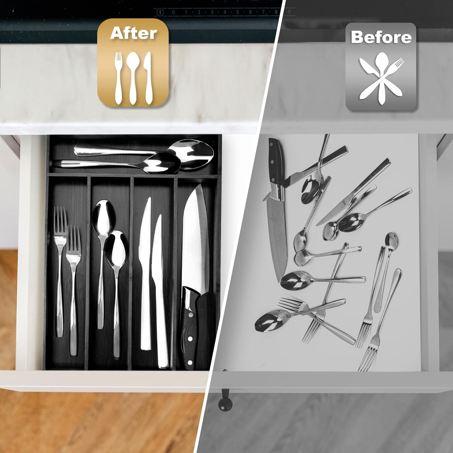 Silverware Organizer Bamboo Kitchen Drawer Organizer Utensil Organizer Silverware Holder Cutlery Organizer in drawer Flatware Organizer Tray (Black 5 Slots)