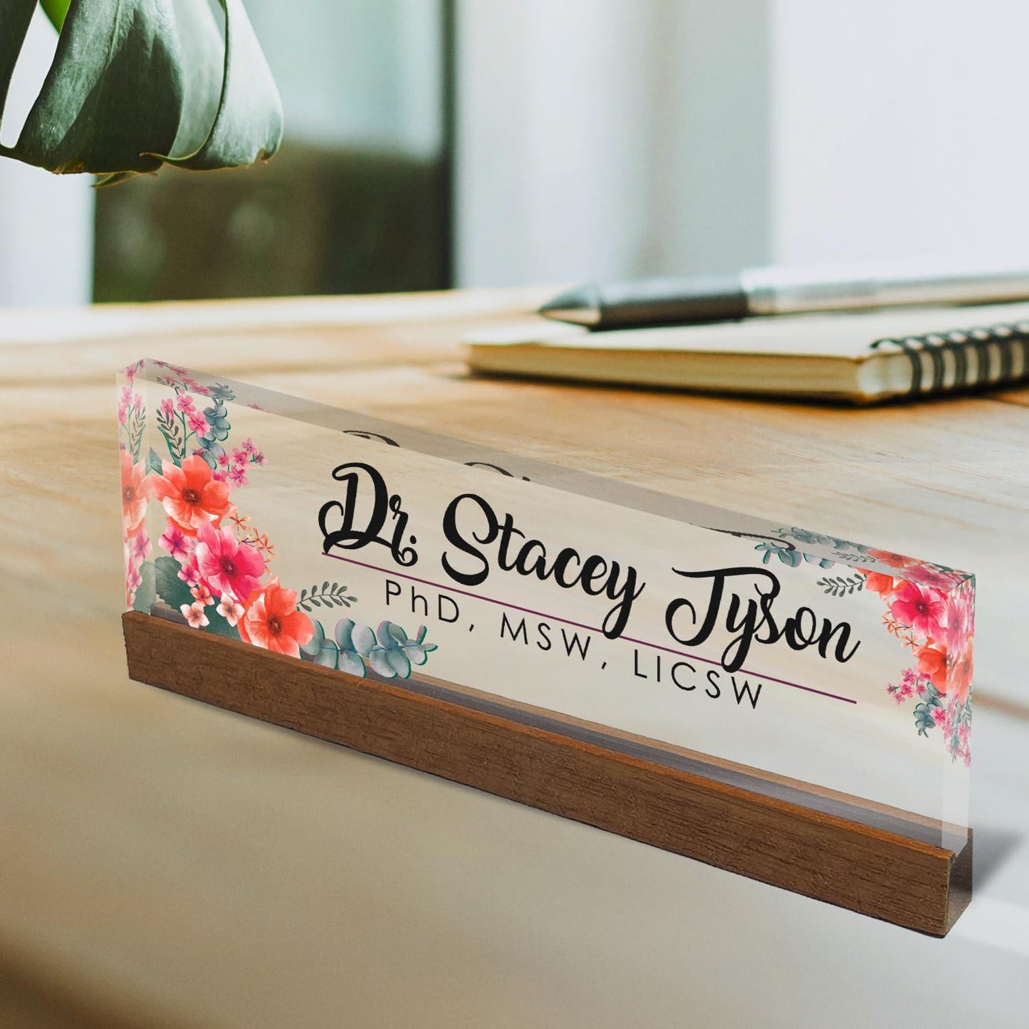Artblox Personalized Office Desk Name Plate and Business Card Holder | Clear Acrylic Glass with Teak Wood Stand | Mixed Flowers Design Customized with Your Name and Credentials Office Desk Decor