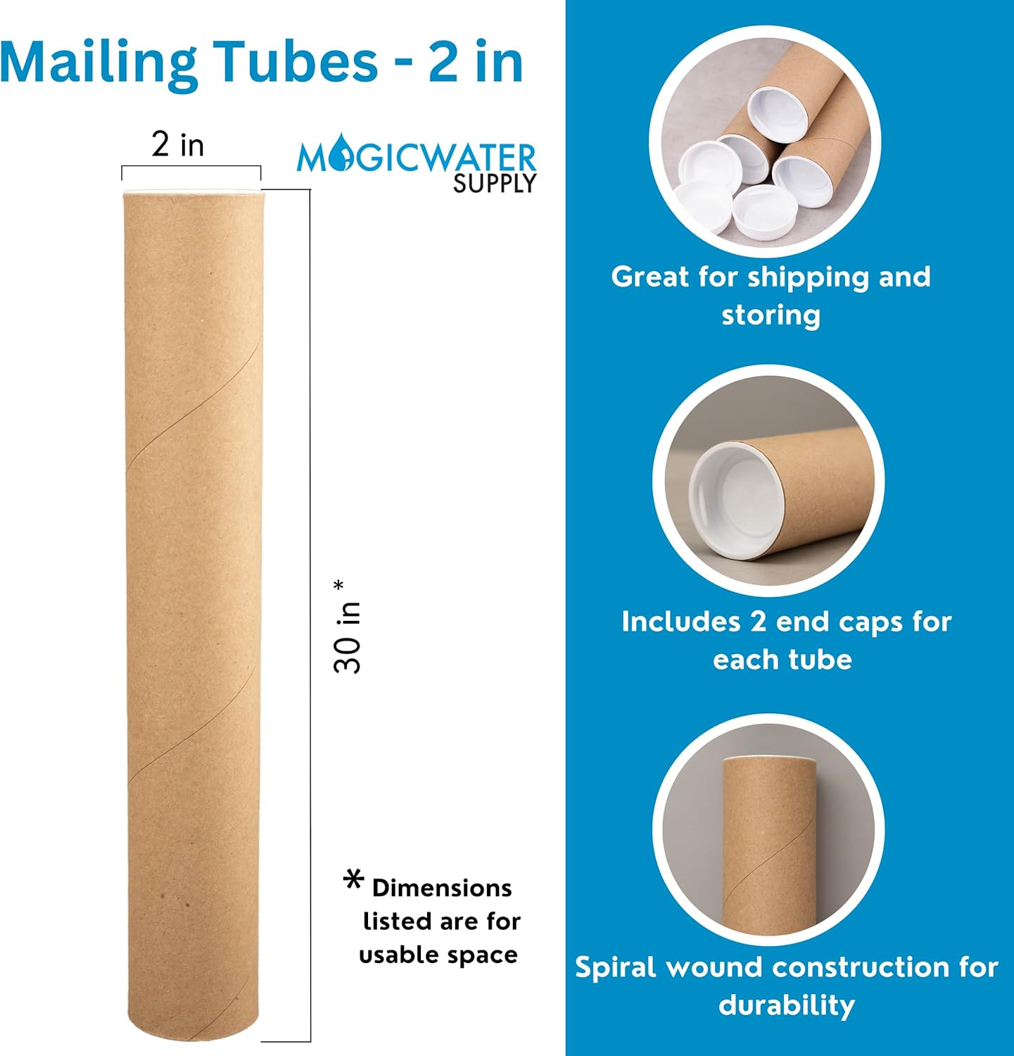 MagicWater Supply Mailing Tube - 2 in x 30 in - Kraft - 1 Pack - for Shipping and Storage of Posters, Arts, Crafts, and Documents