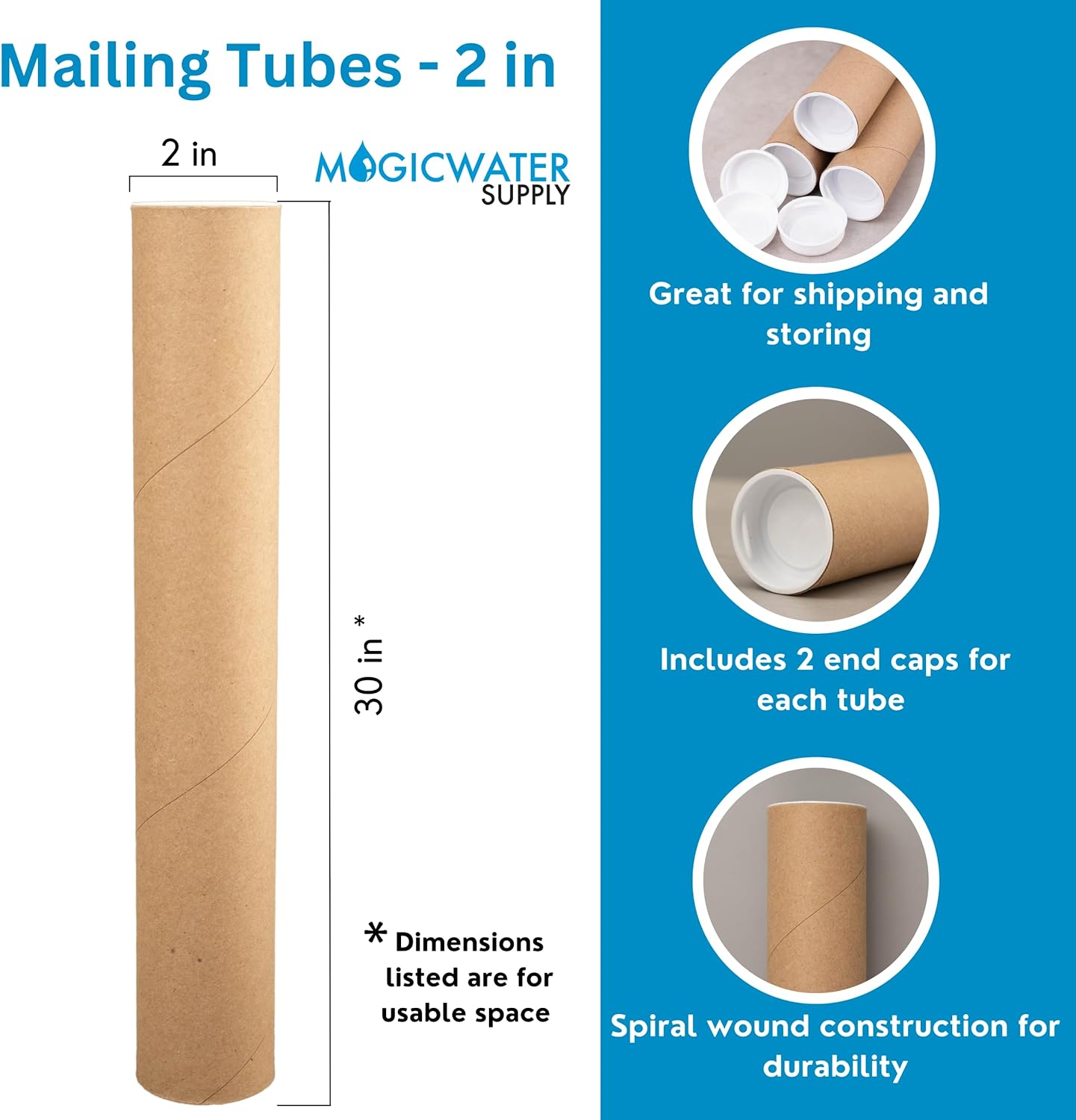 MagicWater Supply Mailing Tube - 2 in x 30 in - Kraft - 12 Pack - for Shipping and Storage of Posters, Arts, Crafts, and Documents
