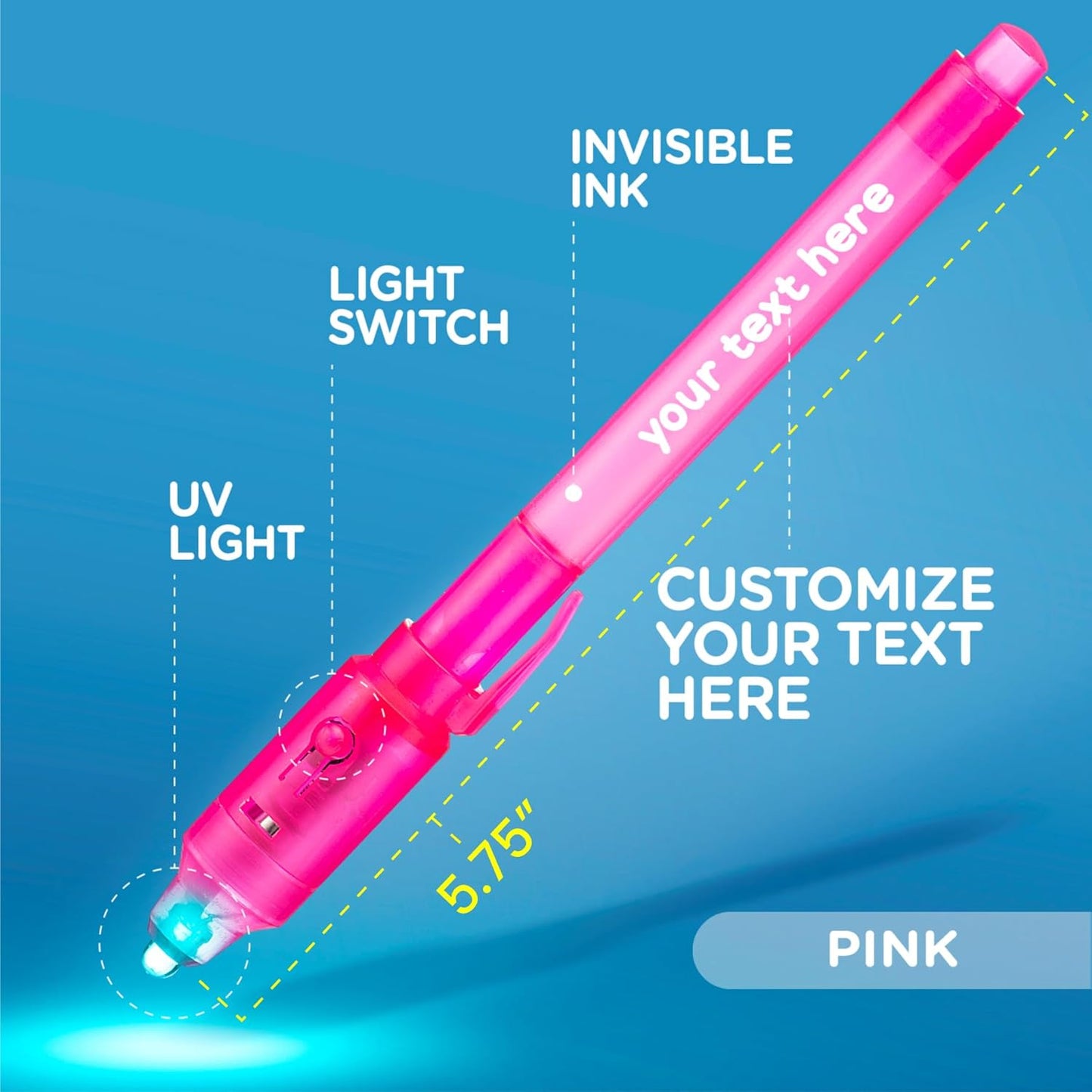 Personalized Invisible Disappearing Ink Pen Marker, Custom Secret Spy Message Writer with UV Light, Fun Activity Entertainment for Kid Party Favors Ideas Gifts and Stock Stuffers, 24 Pack, Pink
