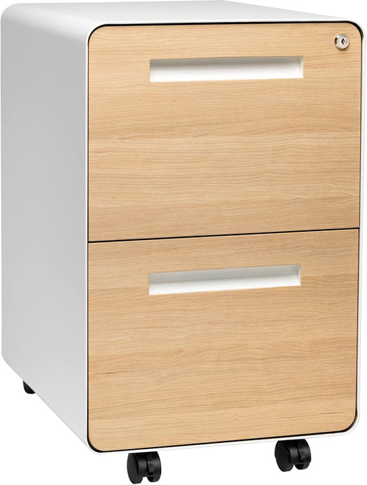 Laura Davidson Furniture Stockpile 2 Drawer Mobile File Cabinet with Lock - Under Desk Metal Filing Cabinet, Legal/Letter File Folders, Wheels and Stationary Feet, Pre-Assembled, White/Wood
