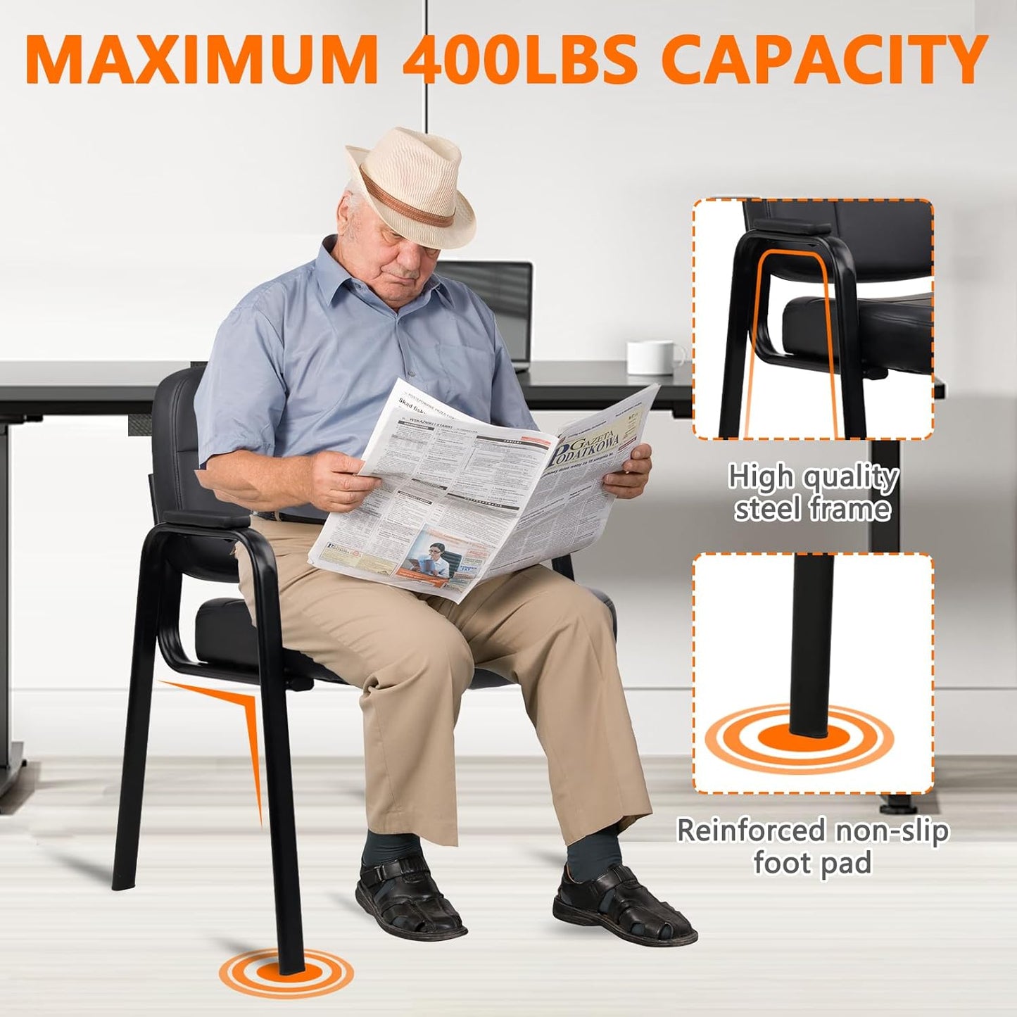 CLATINA Big & Tall 500 lbs Waiting Room Guest Chair, Leather Office Reception Chair No Wheels with Padded Arms for Elderly Home Desk Conference Room Lobby Side Salon Clinic, Black(6 Pack)