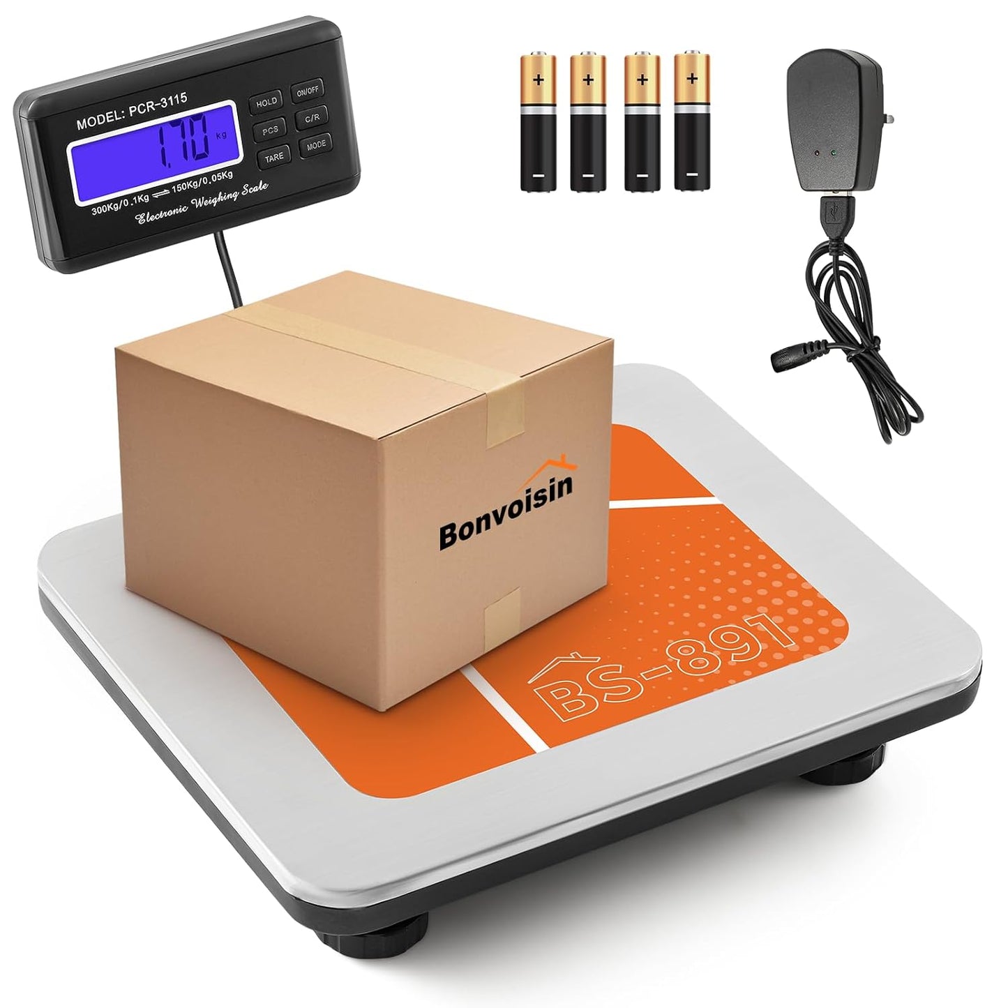 Bonvoisin Postal Scale Digital 300kg/ 660lb Parcel Shipping Scale kg/oz/lb Switchable, Heavy Duty Package Scale for Weighing Boxes/Luggage with Stainless Steel Platform 4 AA Batteries & Power Adapter