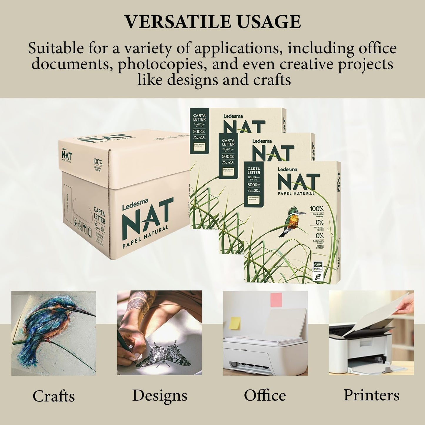 Letter Size (8.5"x11") Natural Sugarcane Pulp Printer Paper, For All Office And Photocopy Printers, Designs, Crafts (3 Reams (1500 Sheets))