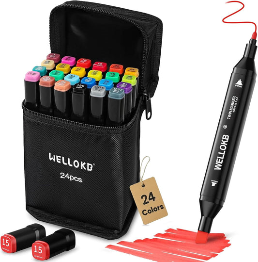 Dual Tip Art Markers, 24 Colors Drawing Markers - Coloring & Sketching for Adults & Kids 8-12