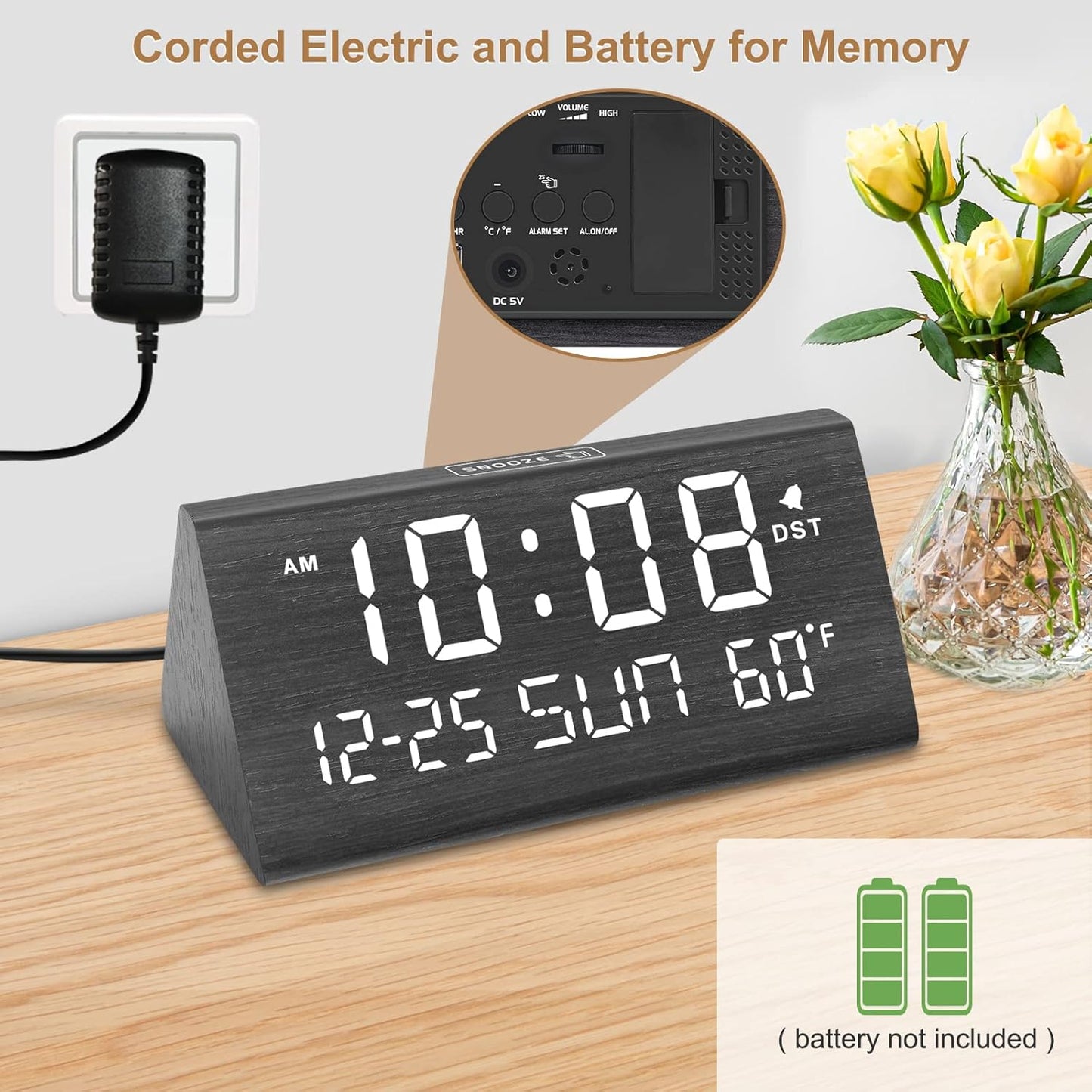 DreamSky Digital Alarm Clocks for Bedrooms - Wooden Desk Clock with Date, Day of Week, USB Port, Temperature, Dimmer for Bedside Table, Living Room, Office, Adjustable Volume, Auto DST, Wood Decor