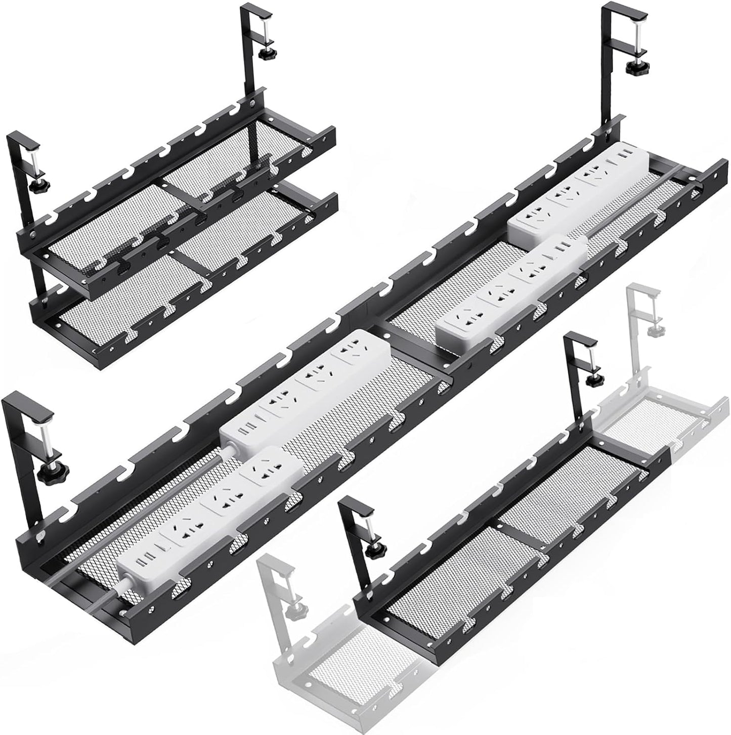 31Inch Extendable Under Desk Cable Management Tray Multi-Model Metal Cable Management Tray Under Desk Cord Management with Clamp Power Strip Cord Holder for Wire Cable Management, Black