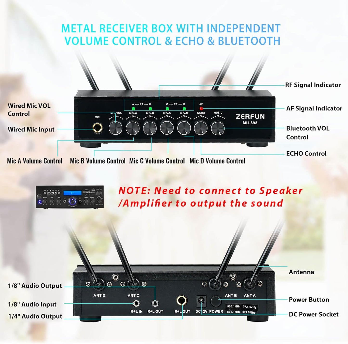 Pro Wireless Microphone System 4 Channel, UHF Metal Cordless Handheld Mics with Echo Bluetooth for Church Karaoke Singing, 4x50 Adjustable Frequency(MU-898 Battery 4 Handheld)