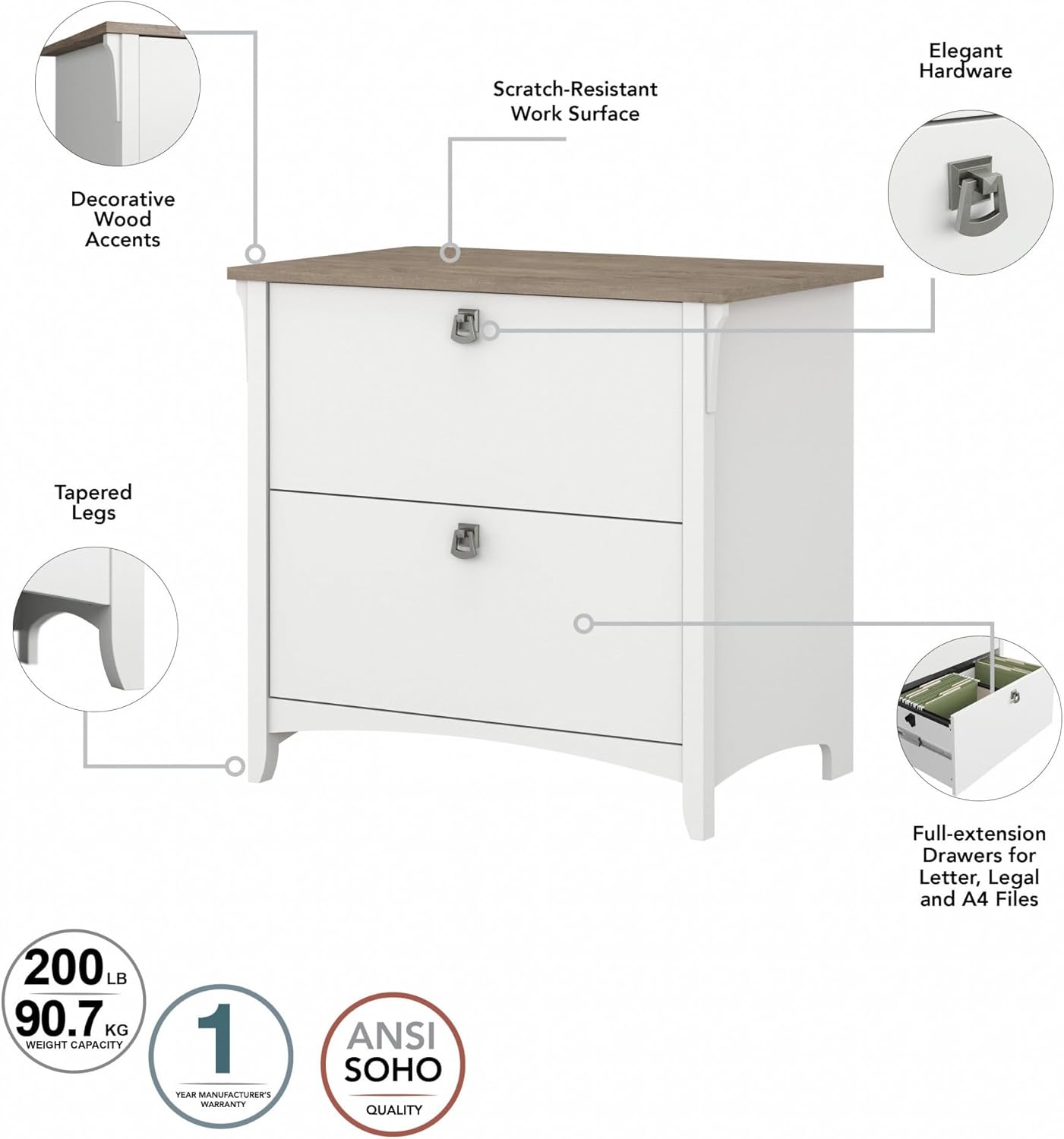 Bush Furniture Salinas 2 Drawer Lateral File Cabinet in Pure White and Shiplap Gray