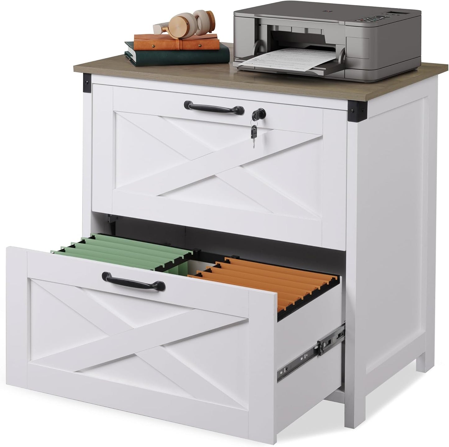 DEVAISE 2 Drawer Farmhouse File Cabinet with Lock, Lateral Filing Cabinet for Letter/Legal/A4 Size, Wood Printer Stand for Home Office, White