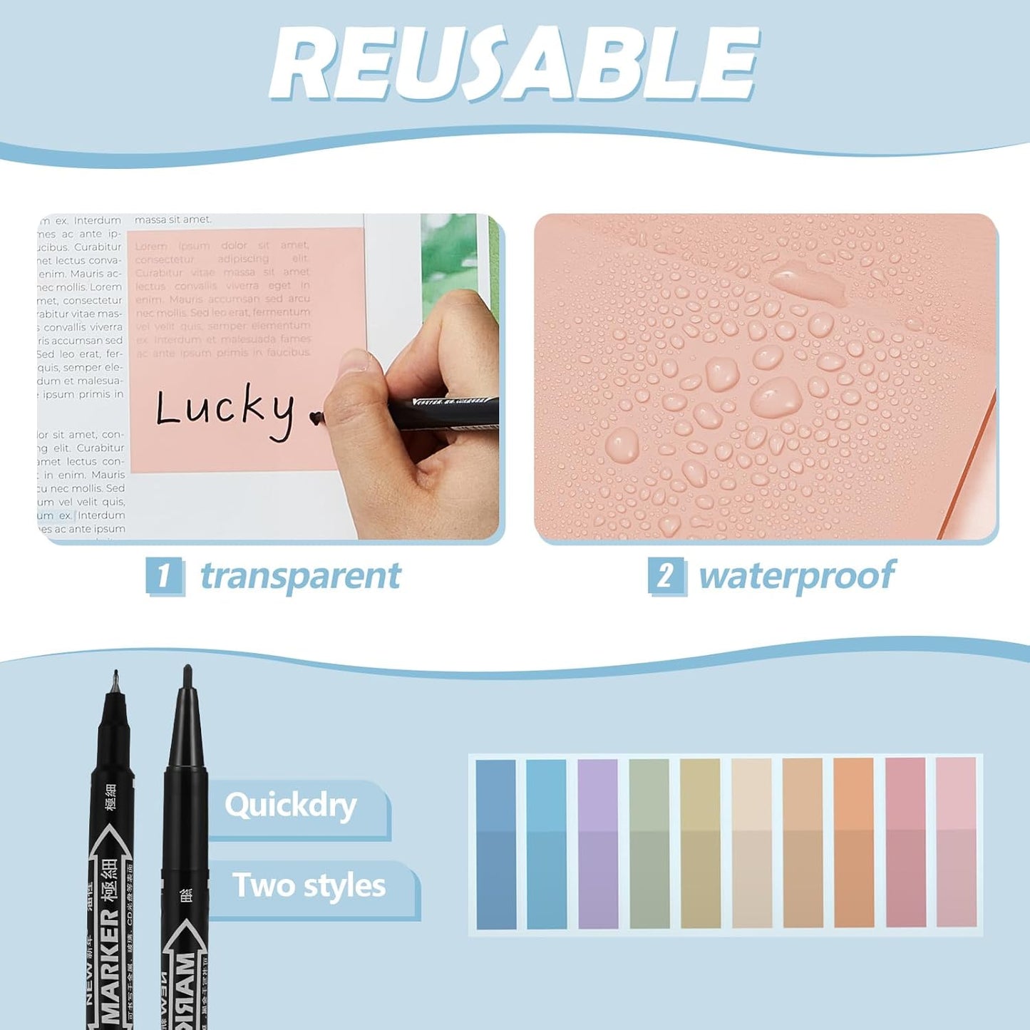 Jutom 39 Pcs Aesthetic Book Annotation Kit Highlighter with Pencil Case Bag Gel Pen Transparent Sticky Note Taking Bible Study College School Supplies(Light Blue,Cute Style)