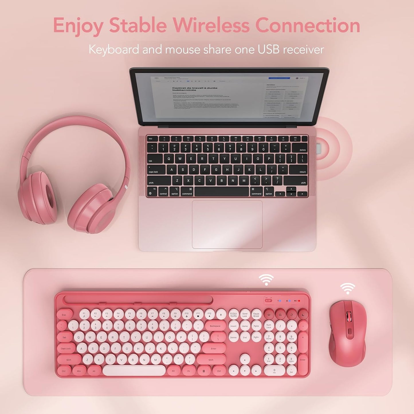 Wireless Keyboard and Mouse Combo, Retro Round Keycap Typewriter Keyboard with Phone/Tablet Holder, Cute Colorful Keyboard for Computer/Laptop/Windows by SABLUTE (Pink)