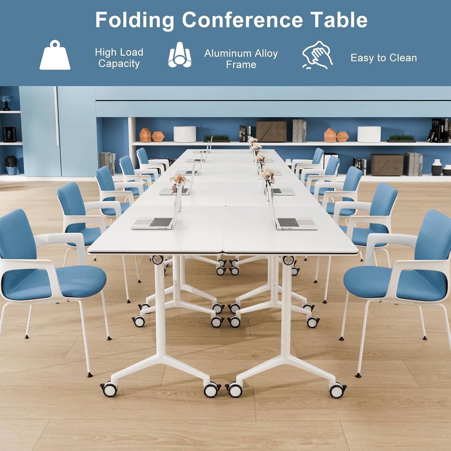 6Pack Folding Conference Room Table, Modern Conference Tables with Silent Wheels, Large Rectangular Mobile Training Tables for Office Classroom, Foldable Modular Seminar Table White (L47.2in)