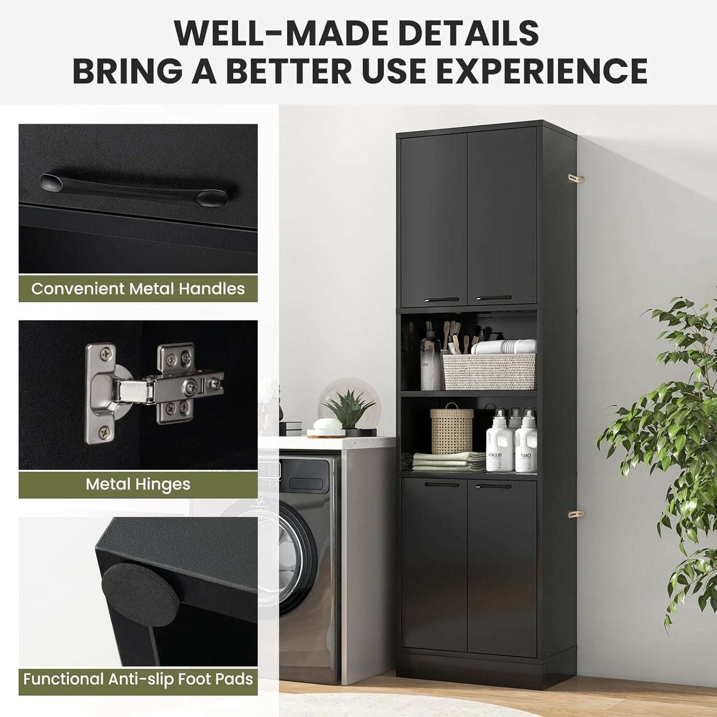 NAFORT Bathroom Storage Cabinet, 75" Freestanding Tall Cupboard with Shelves, Anti-toppling Devices & Non-Slip Foot Pads, Modern Slim Cabinet for Livingroom, Dining Room & Bath Room