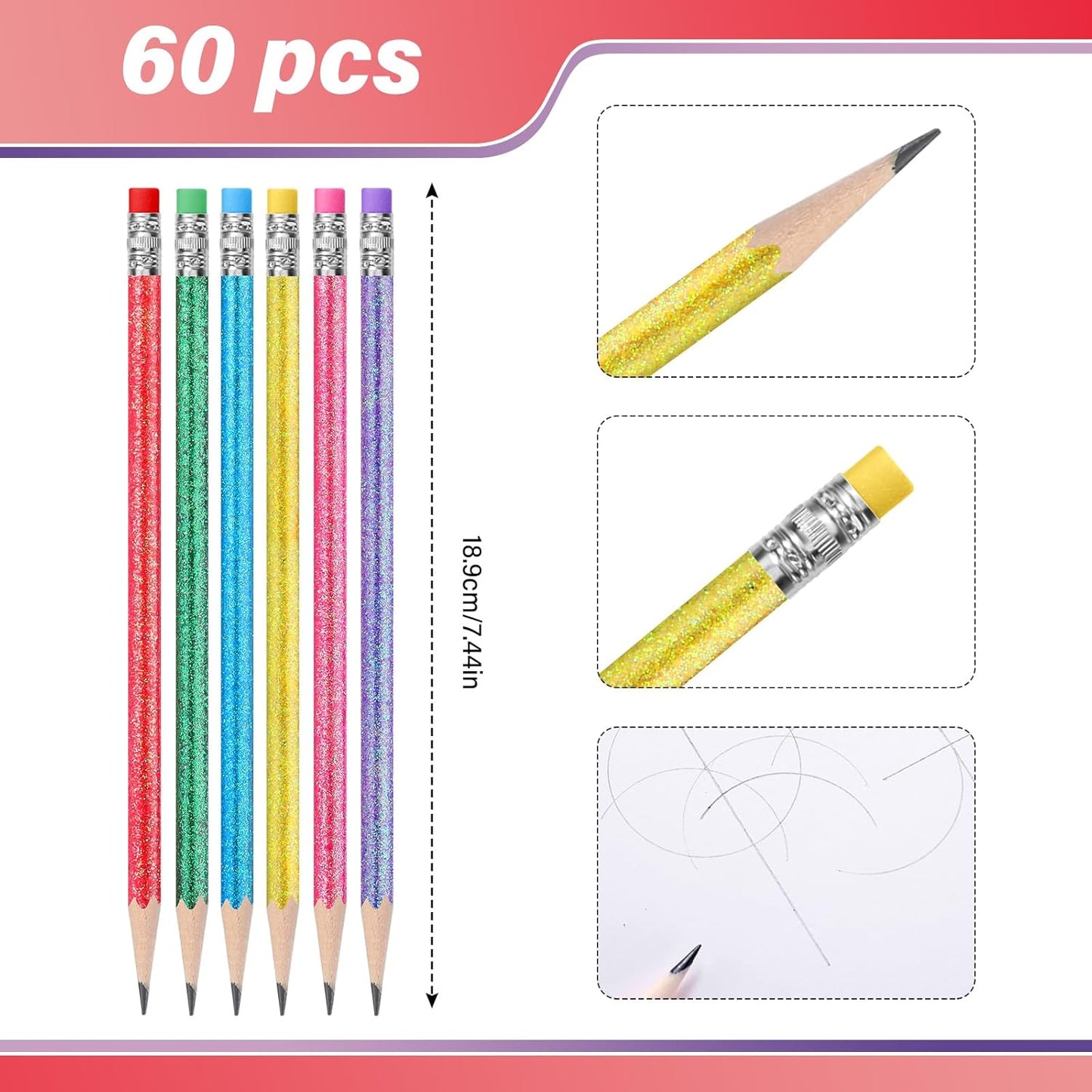TecUnite 60 Pcs HB Pencils #2 Unsharpened Wood Cased Pencils with Eraser Hexagonal Pencil Cute Graphite No 2 Pen for Adults Gifts Exam School Office Sketching Learning (Glitter Color, Silver)
