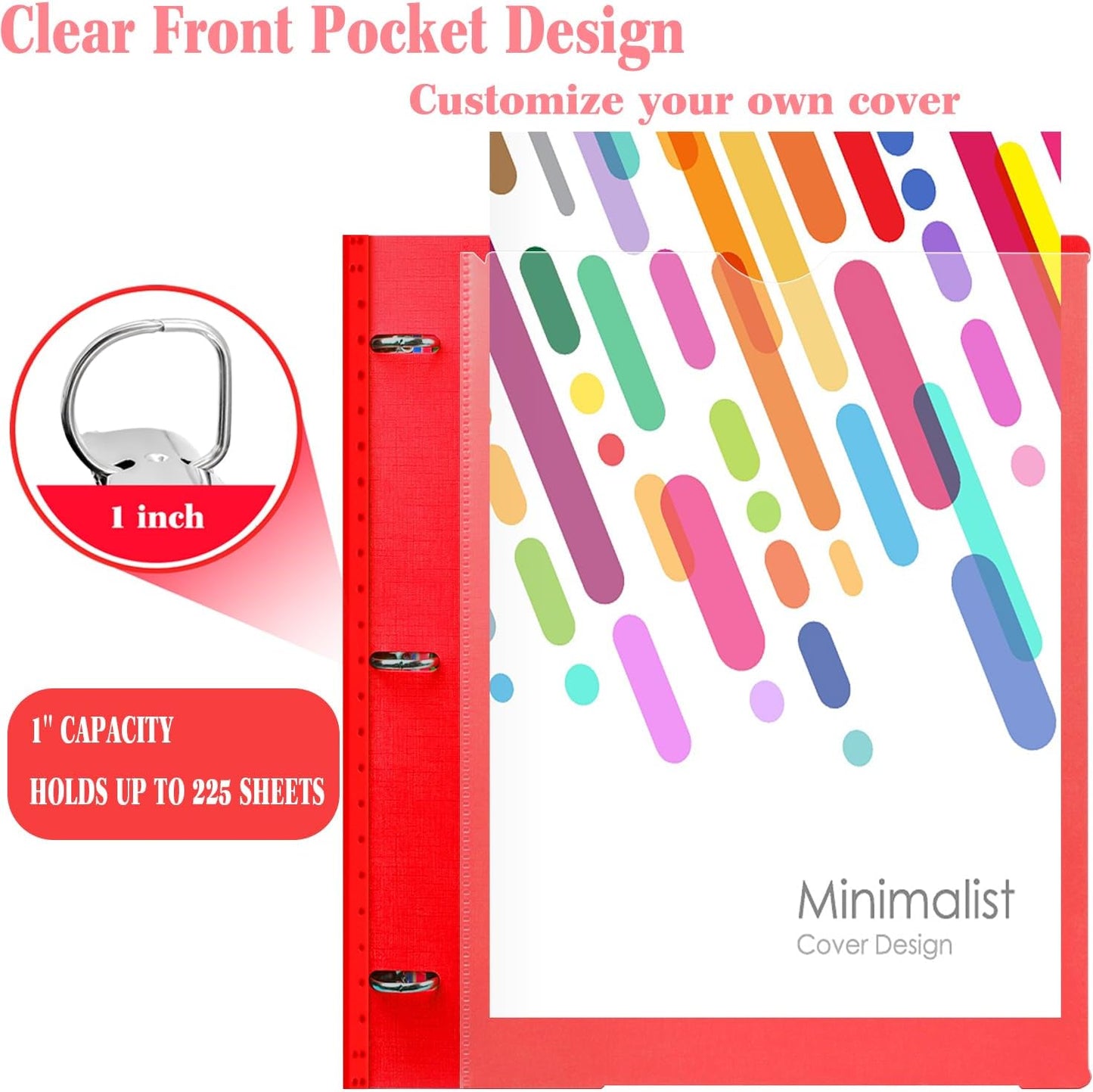 INFUN 1 Inch Telescoping 3 Ring Binder - 4PCS, Flexible Round Binder with Customizable Front Cover and Clear Catalog Pocket, 1 Inch Rings, 225 Sheet Capacity- Green, Red, Orange, Blue