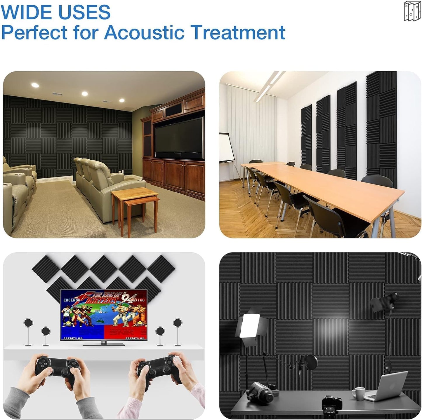 12 Pack Self-Adhesive Acoustic Panels - 2”X 12”X 12”Wall Panels - Quick-Recovery and High Density Sound Panels - Sound Proof Acoustic Foam for Home Studio - Black