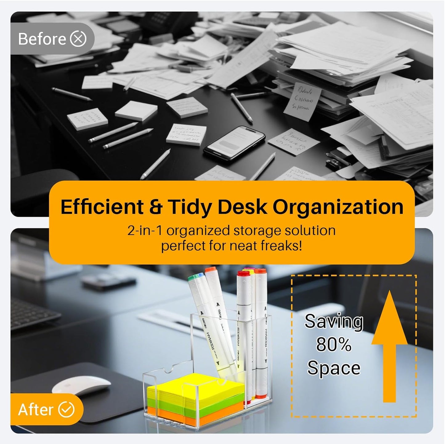 Sticky Note Holder, Crystal Clear Acrylic Pen and Sticky Note Dispenser for 3x3 Inches Note Pads, 3-in-1 Simple Phone Stand for Office Home School Dorm Room Desk Organizer(No Pads)