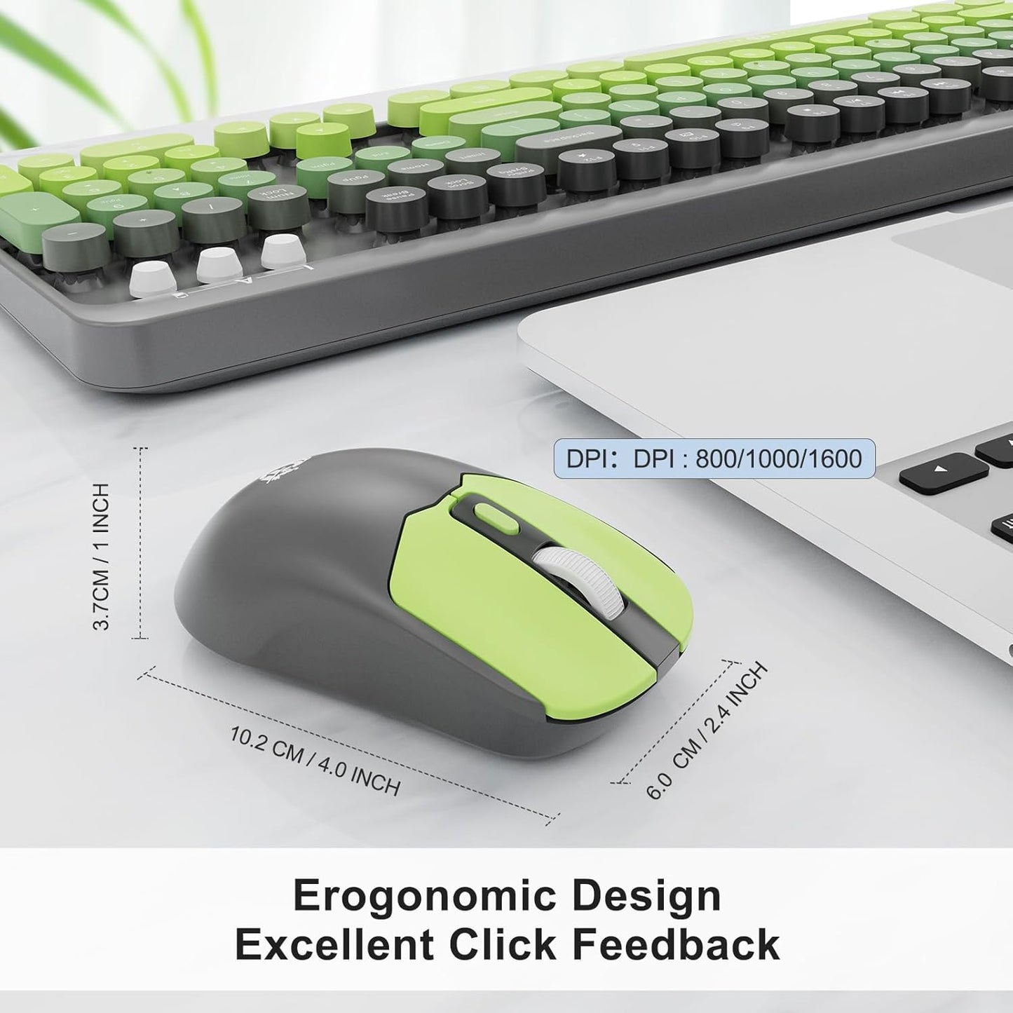 FOPETT Wireless Keyboard and Mouse Combo, 104 Keys Full-Sized 2.4 GHz Round Keycap Colorful Keyboards, USB Receiver Plug and Play, for Windows, Mac, PC, Laptop, Desktop (GreyGreen)