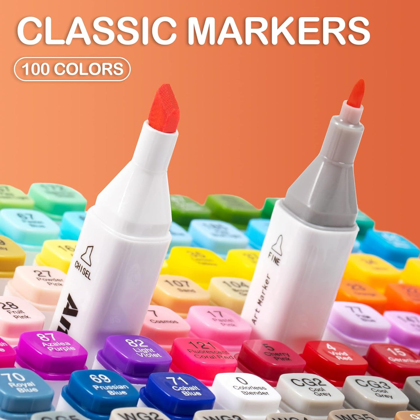 AnyMark Alcohol Markers, 100 Colors Dual Tip Art Coloring Markers Set for Kids Adult Book Drawing Sketching Painting, Chisel & Fine, White Penholder