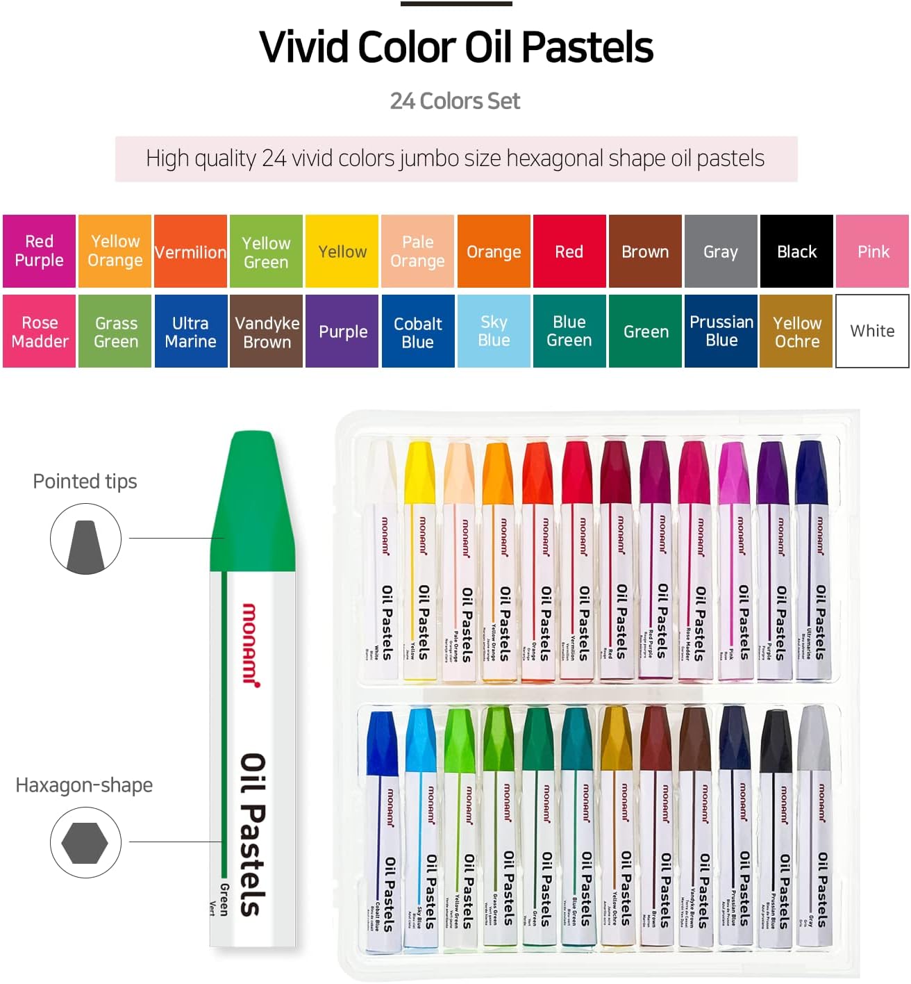 MONAMI Oil Pastels, Jumbo Size Hexagonal Shape Oil Pastels for Kids and Students with Handy Carrying Case, 24 Vivid Colors Pack