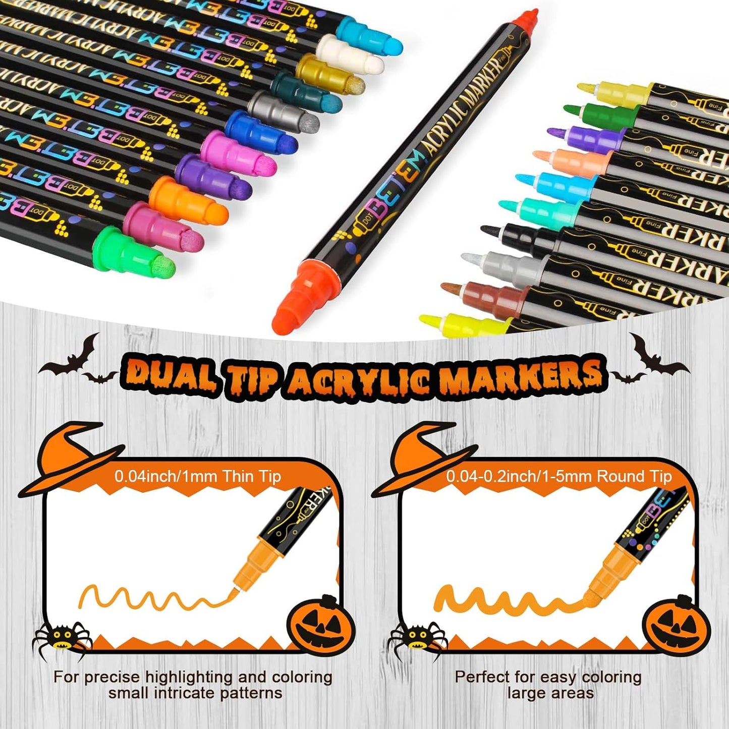 Betem 48 Colors Dual Tip Acrylic Paint Pens Markers, Premium Acrylic Paint Pens for Halloween Decorations, Wood, Canvas, Stone, Rock Painting, Glass, Ceramic Surfaces, Pumpkin Painting Kit DIY Crafts