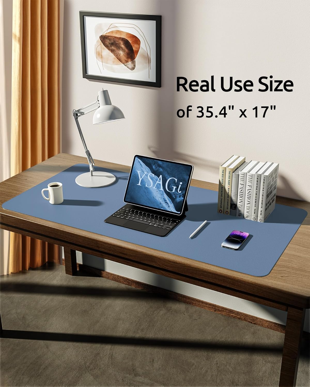 YSAGi Leather Desk Protector, Office Mat, Large Mouse Mat, Non-Slip PU Leather Blotter, Laptop Desk Pad, Waterproof Writing Pad for Office and Home (Blue, 35.4" x 17")