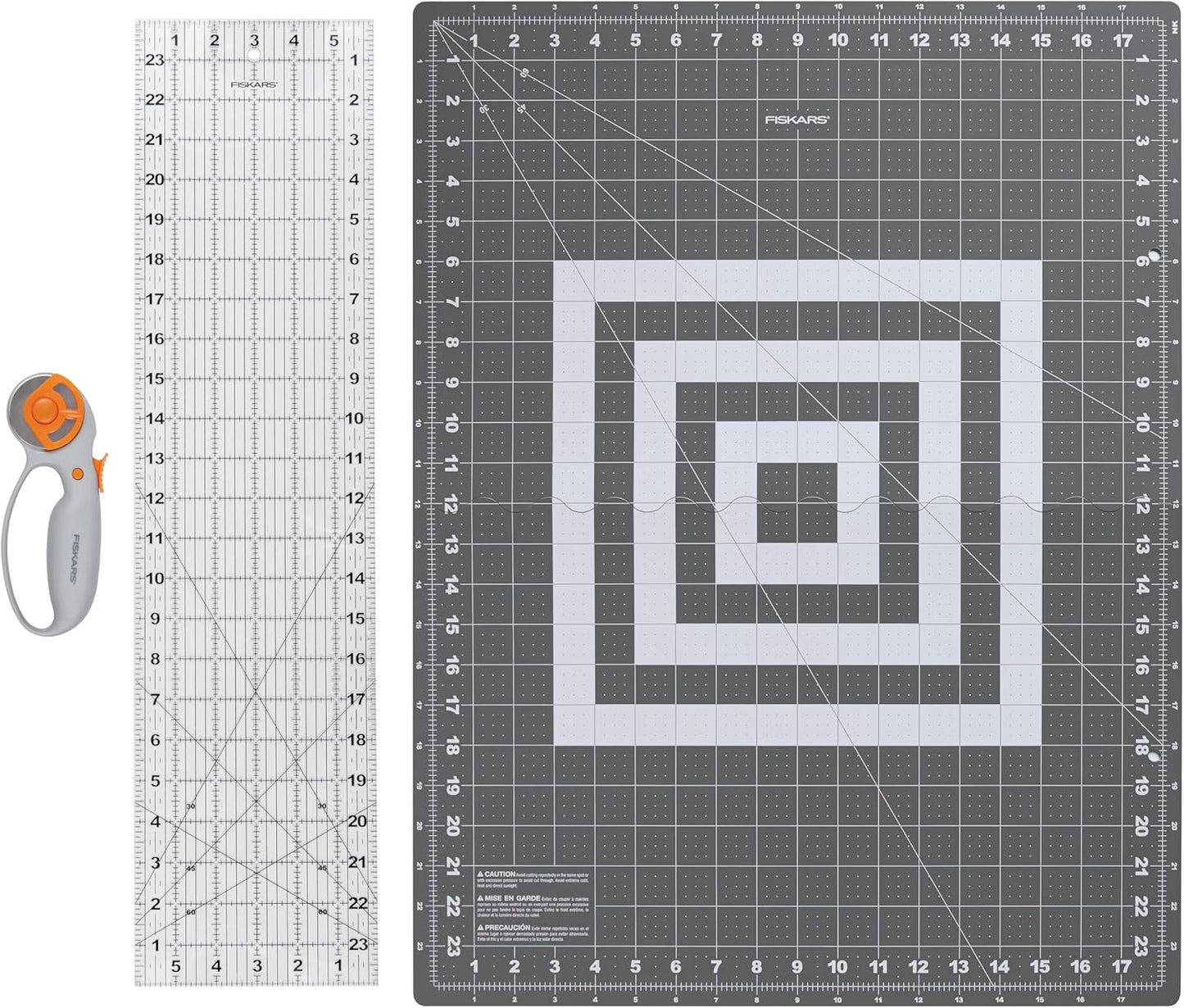Fiskars 3-Piece Rotary Cutter Set with 45mm Fabric Rotary Cutter, Folding & Self-Healing Cutting Mat for Space Saving Storage, and Sewing Ruler, Perfect Tool Kit to Gift for Crafting, Quilting, Sewing