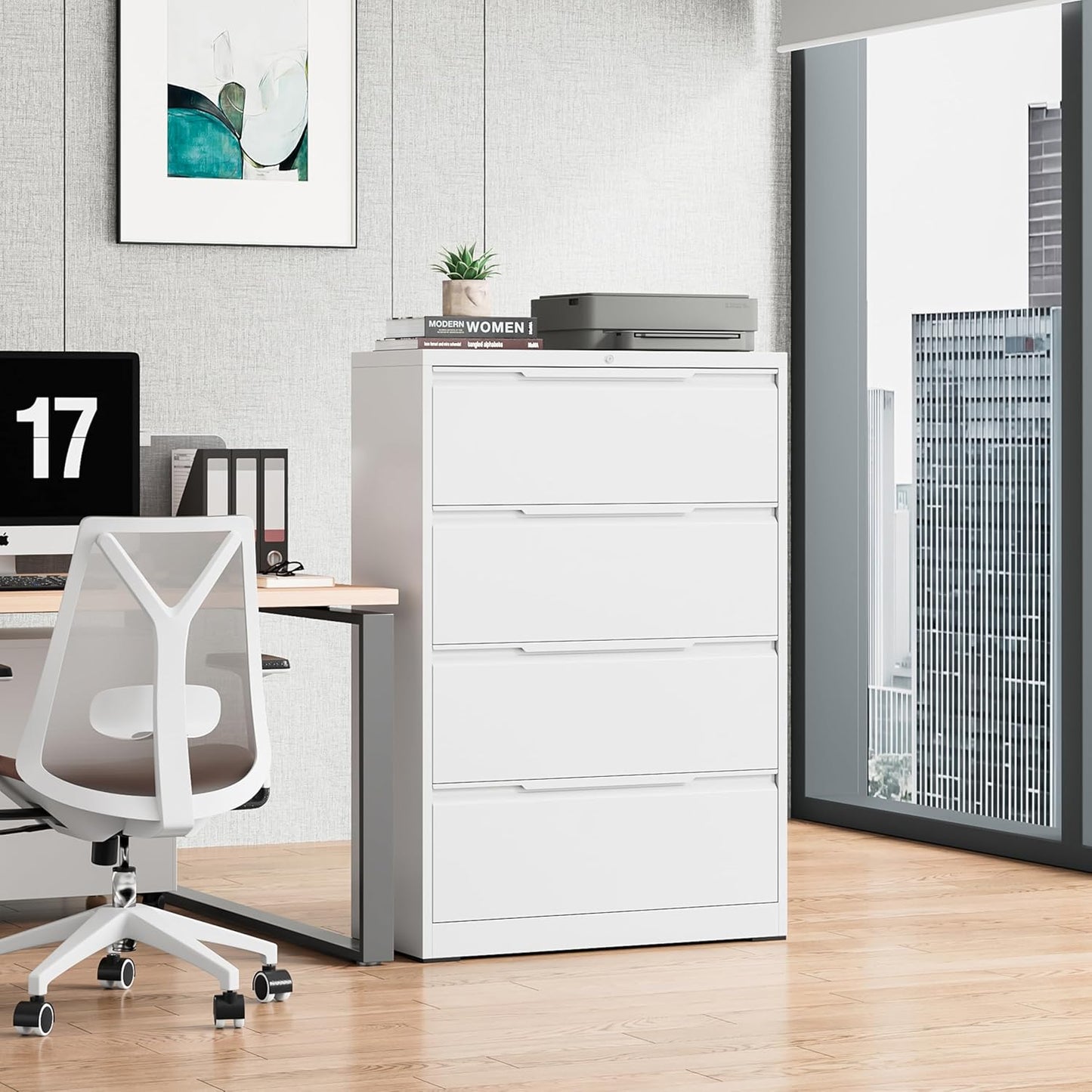 Bestoo 4 Drawer Lateral File Cabinet, Metal Lateral Filing Cabinet with Lock for Hanging Files Letter/Legal/F4/A4 Size, Easy Assemble White