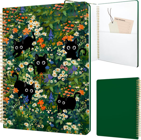 Cute Spiral Notebook journal A4 Aesthetic Pretty Design for Women Girls Kawaii with Pocket, 8.5 x 11 inch, Graph, Cat Garden