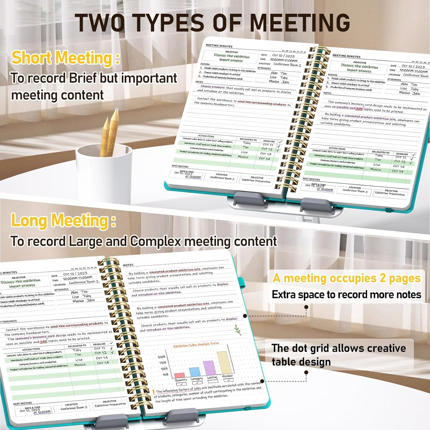 WEMATE 5 Pack Meeting Notebooks for Work（7"x10"） 200 Pages, PU Leather Notebook with Action Items & Note, For Staff & Students, Meeting, Projects Planning- Black, Blue, Green, Olive Green, Dark Blue