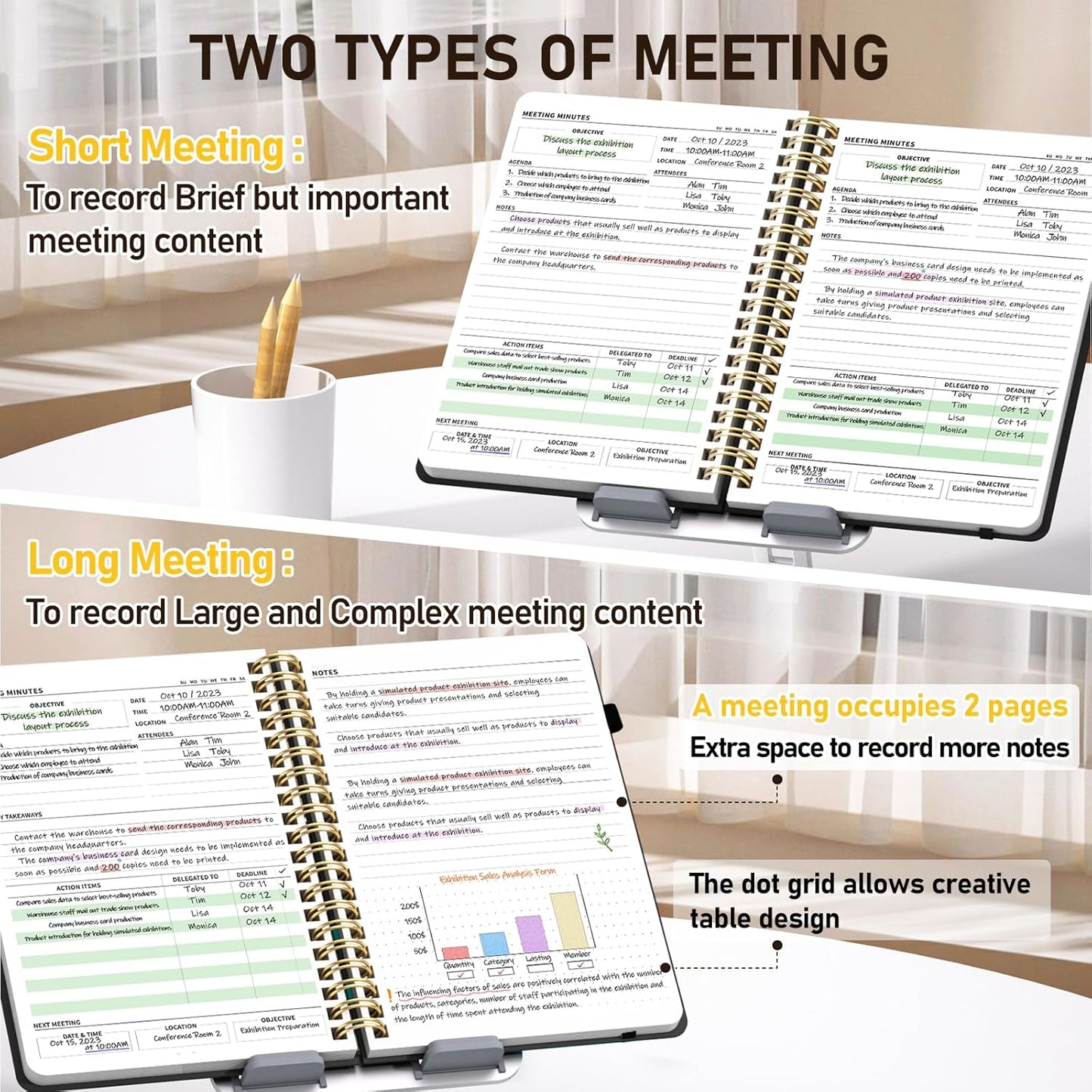 WEMATE Meeting Notebook for Work B5 (7"x10") - PU Leather Work Notebook with Agenda, Action Items & Notes - 200 Pages for Men&Women, Staff and Students, Meeting, Projects Planning - Black