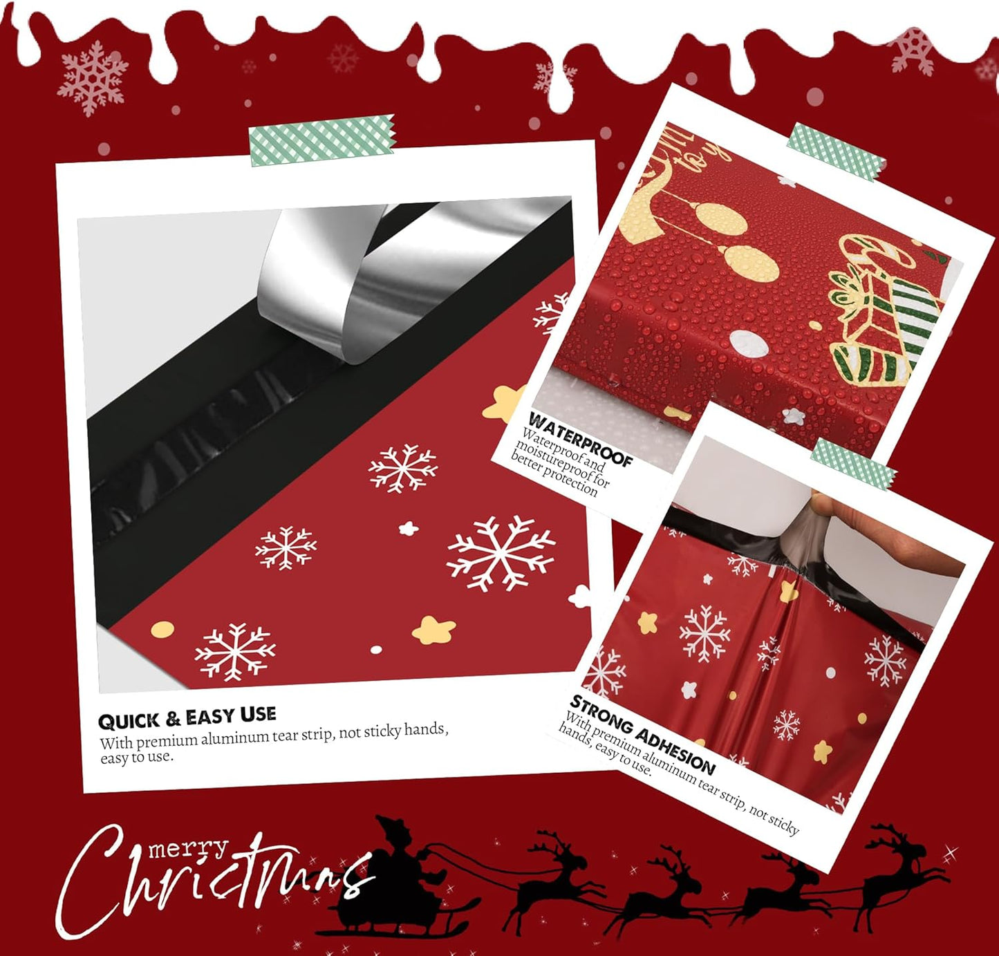 Christmas Poly Mailer 10x13 Inch 25 Pcs, Waterproof Shipping Bags for Clothing, Tear-Resistant Mailier, Strong Mailing With Self-Seal - Red Merry Christmas