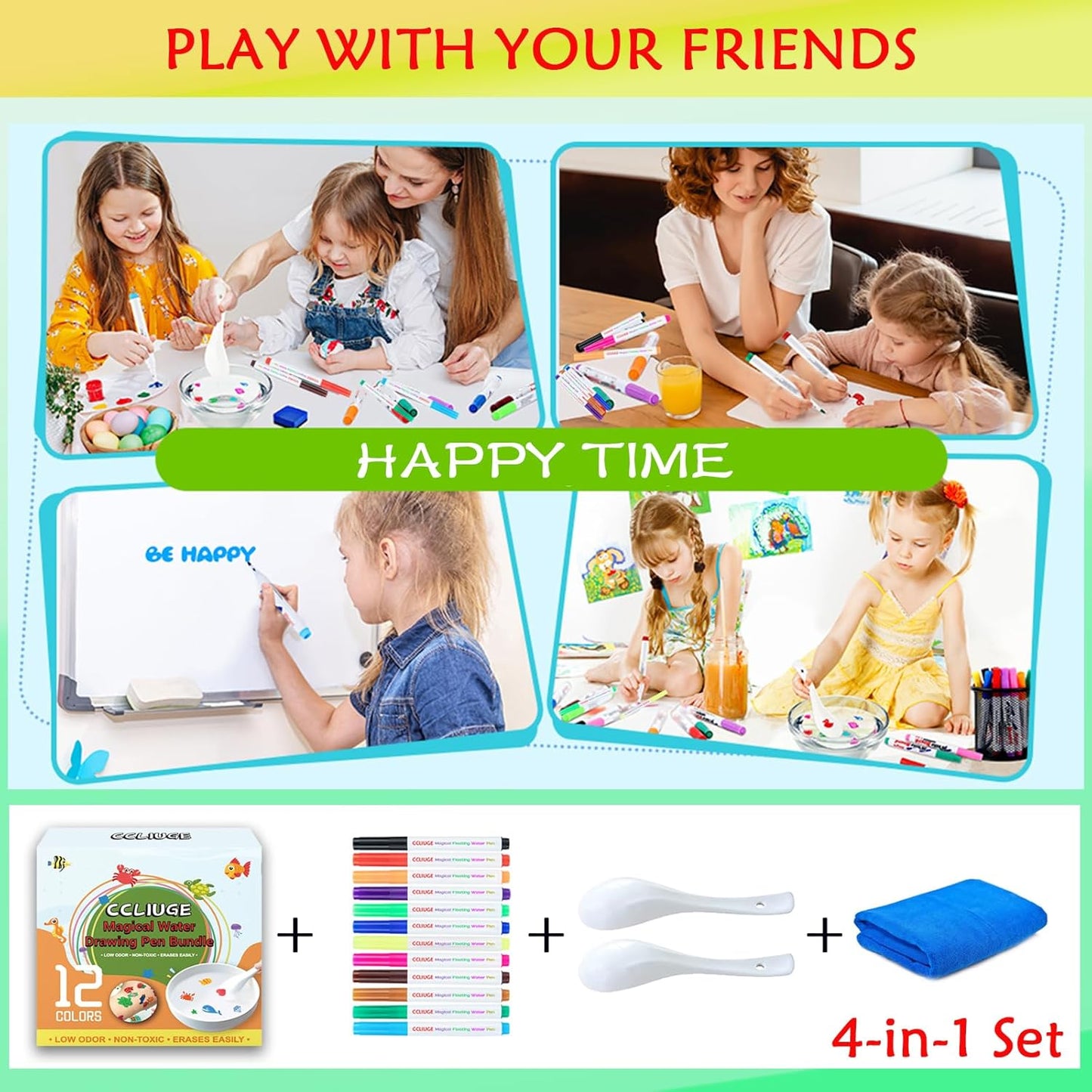Kiddies Create Magical Floating Drawings Bundle, 12 Colors Magic Drawing Pens for Kids Water, Magical Water Painting Pen Set with Spoons & Towel, Water Art Markers for Tattoo, Gifts for Boys & Girls