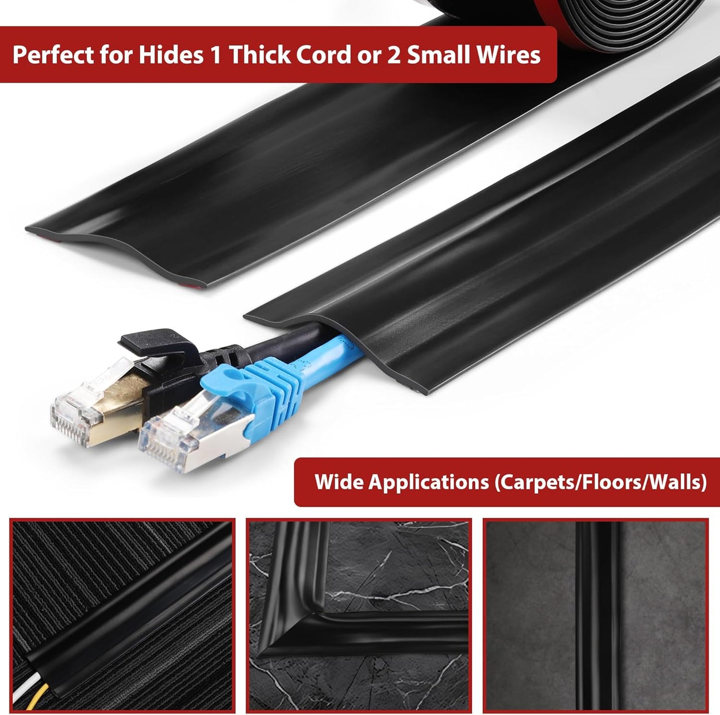 16.4ft Cord Cover Floor, Soft PVC Cord Covers for Wires on Floor, Self-Adhesive Floor Cable Cover Cord Hider, Floor Cable Management Cable Protector for Commercial Office Carpet/Floors/Wall Black