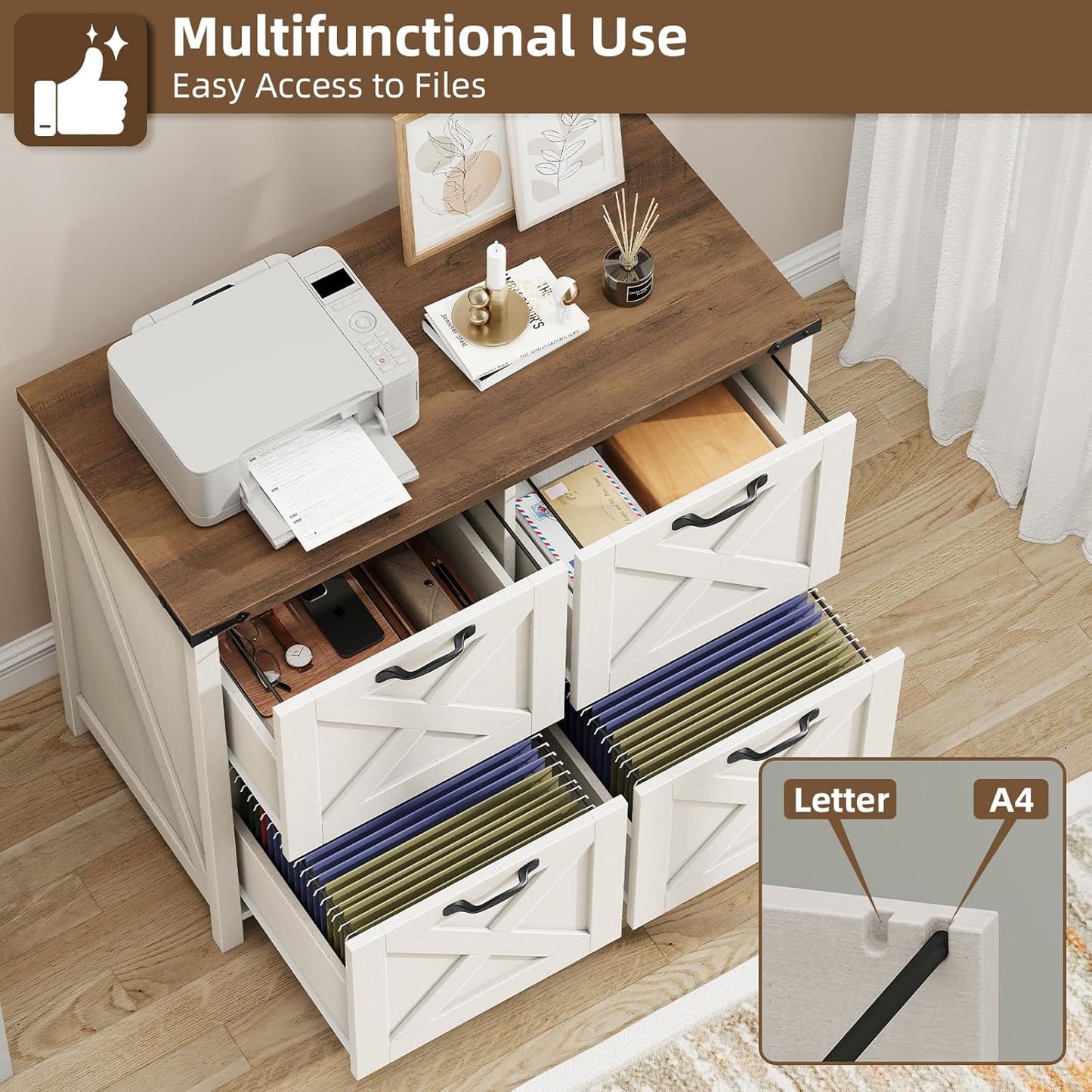 Lateral File Cabinet with 4 Drawers, Farmhouse File Cabinet for Letter/A4 Size Hanging Files, Large Wood File Storage Cabinets Printer Stand for Home Office Cabinets, Rustic White