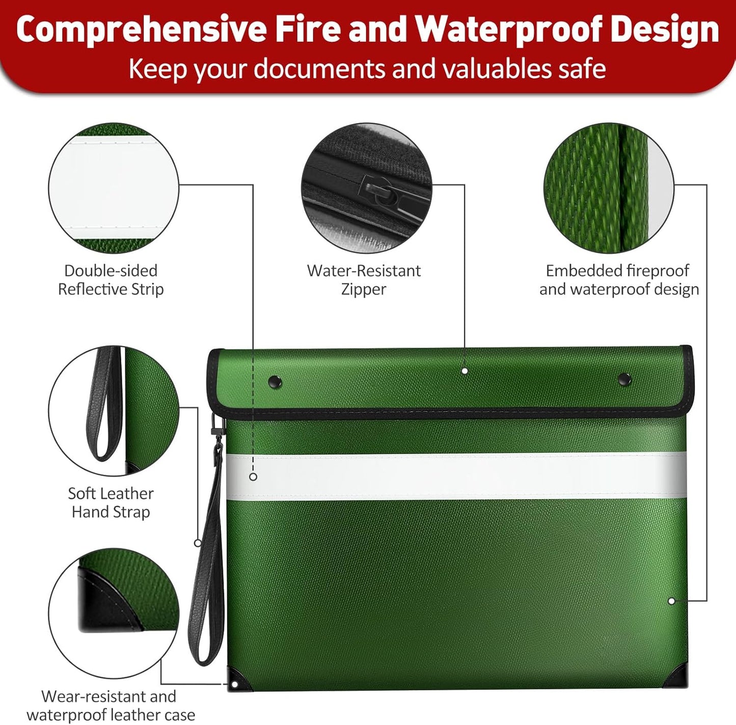 Fireproof Document Bag with Water Resistant Zipper（13.9"x10.6"）,6200°F Heat Insulated Fire Proof Pouch with Soft Leather Hand Strap,Fire and Waterproof Envelope for Cash,Documents,Jewelry(Green)