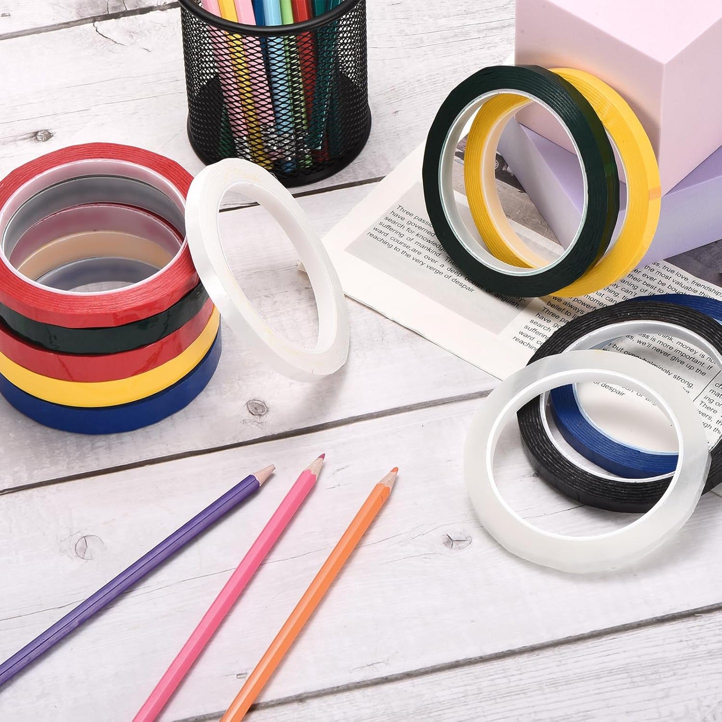 MECCANIXITY 6 Rolls Whiteboard Tape Graphic Chart Tape 3mm 54.7 Yard Art Tape Thin Pinstripe Tape Masking Tape for Gift Wrapping Craft Supplies, Red, Green, Blue, Yellow, Black, White