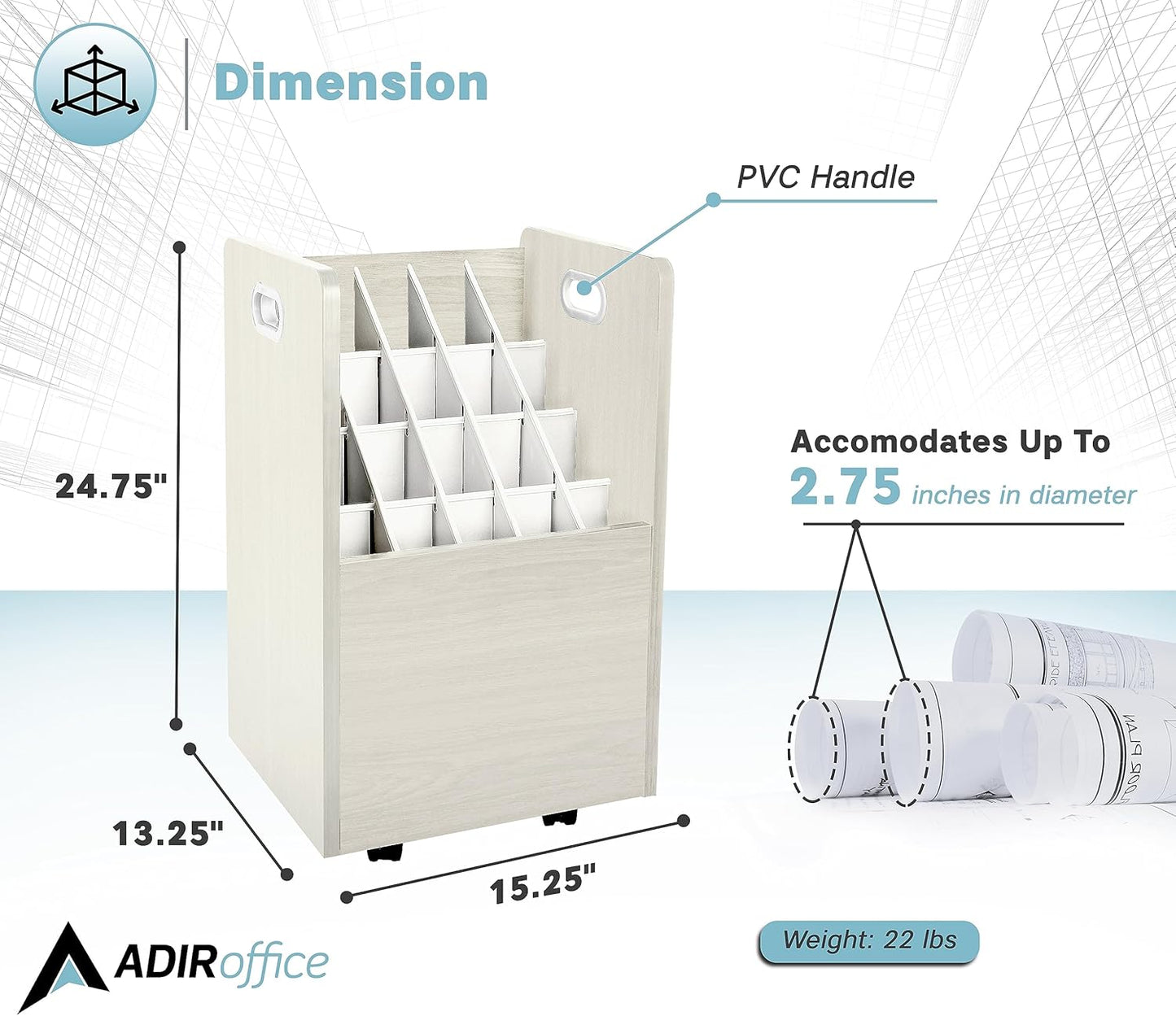 Adir Blue Print Storage Organizer - Mobile Roll File Cart, Construction Plan Holders, Blueprint Cabinet with Wheels, Roll Files Storage for Office and Home (20 Slots, White)