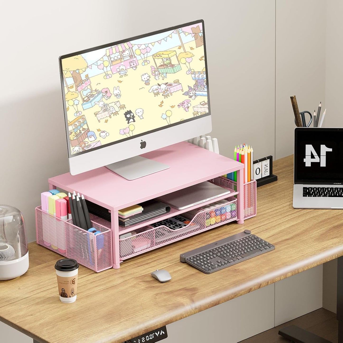 Desk Organizers and Accessories, 2-Tier Computer Monitor Stand Riser with Drawer and 2 Pen Holders, Laptop Stand, Office Desk Accessories for Office Supplies, Pink