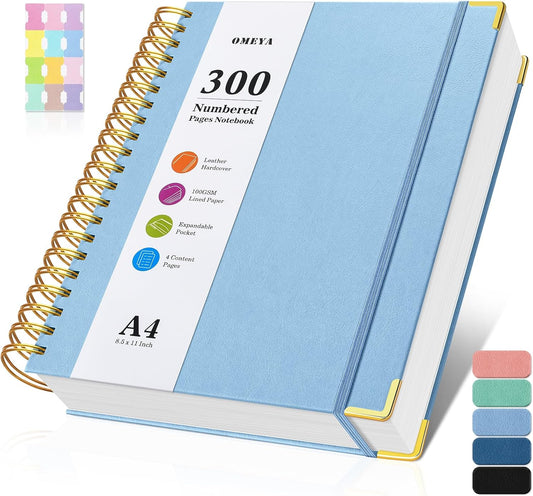 Spiral Notebook 8.5" x 11", 300 Numbered Pages Notebooks College Ruled with Tabs, Hardcover Leather Lined Journal for Women Men, 100GSM Thick Journals for Writing, Large A4 Notebooks for Work School