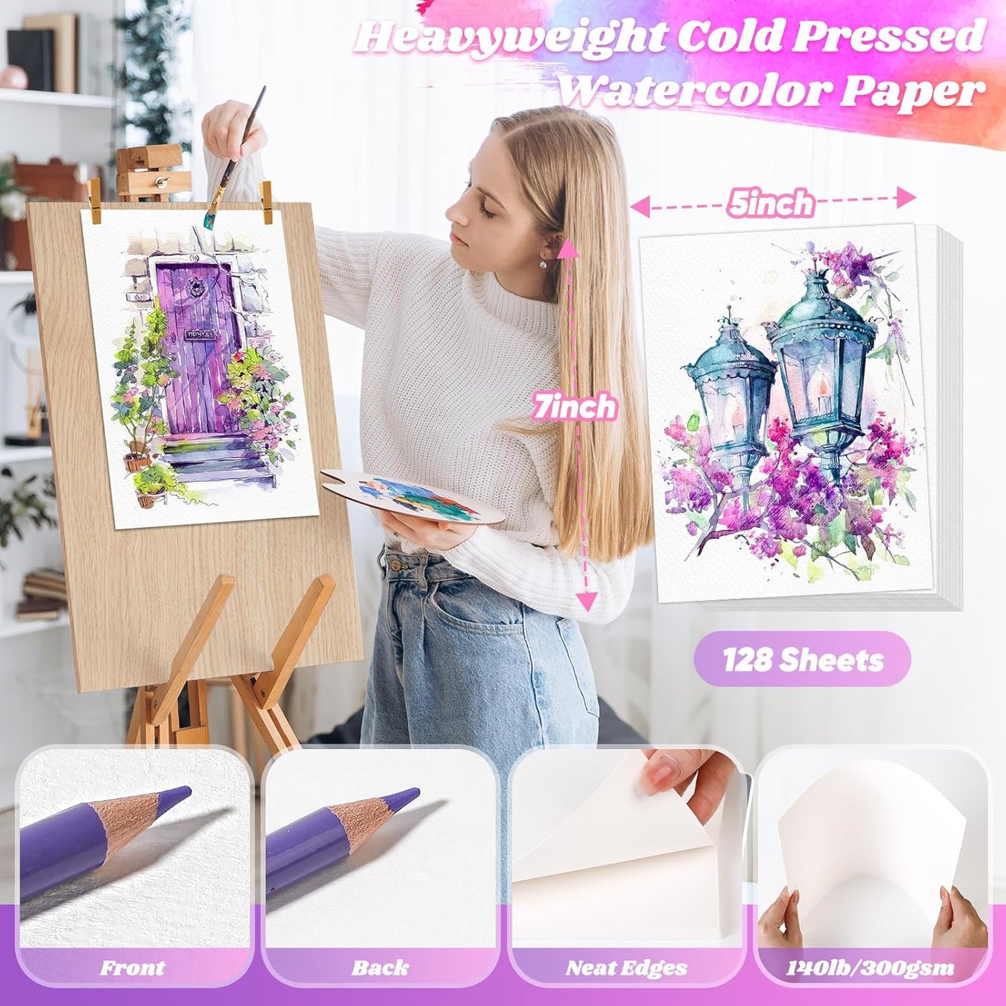 128 Sheets Watercolor Paper Bulk, Easter Basket Stuffers, 5"x7" 140lb/300gsm Cold Press White Water Color Paper for Teacher Students, Classroom Must Have, Study Essentials, College School Supplies
