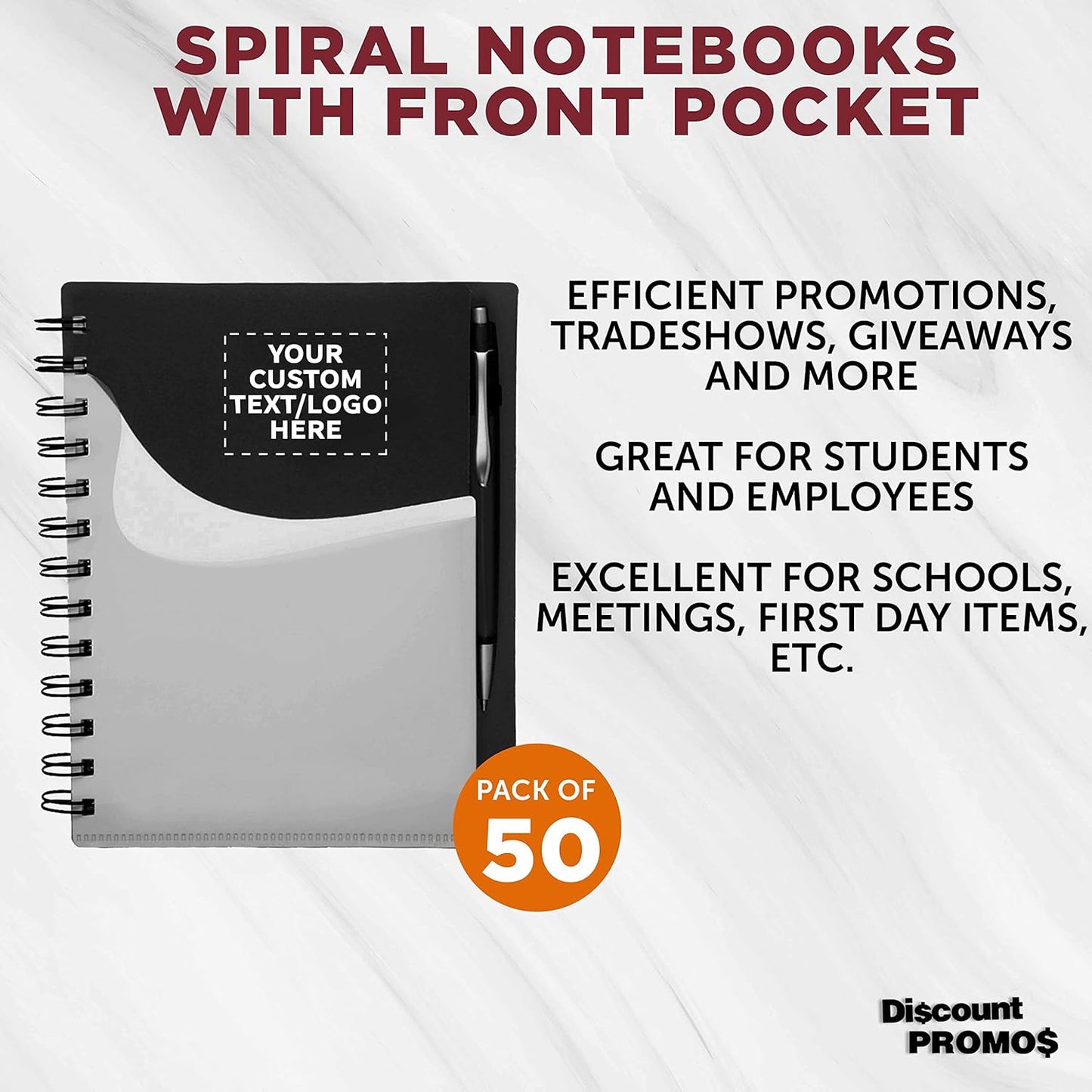 DISCOUNT PROMOS Custom Spiral Notebooks with Front Pocket Set of 50, Personalized Bulk Pack - Durable Plastic Cover, Includes Matching Pen in Blank Ink, Perfect for School, Office, Home - Black