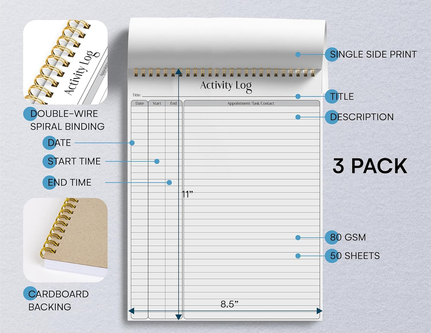 Better Office Products Activity Log Notepad, 8.5" x 11", Planning Note Pad, 50 Sheets, Double-Wire Spiral, Daily Time Tracking Productivity Checklist Organizer (3 Pack)