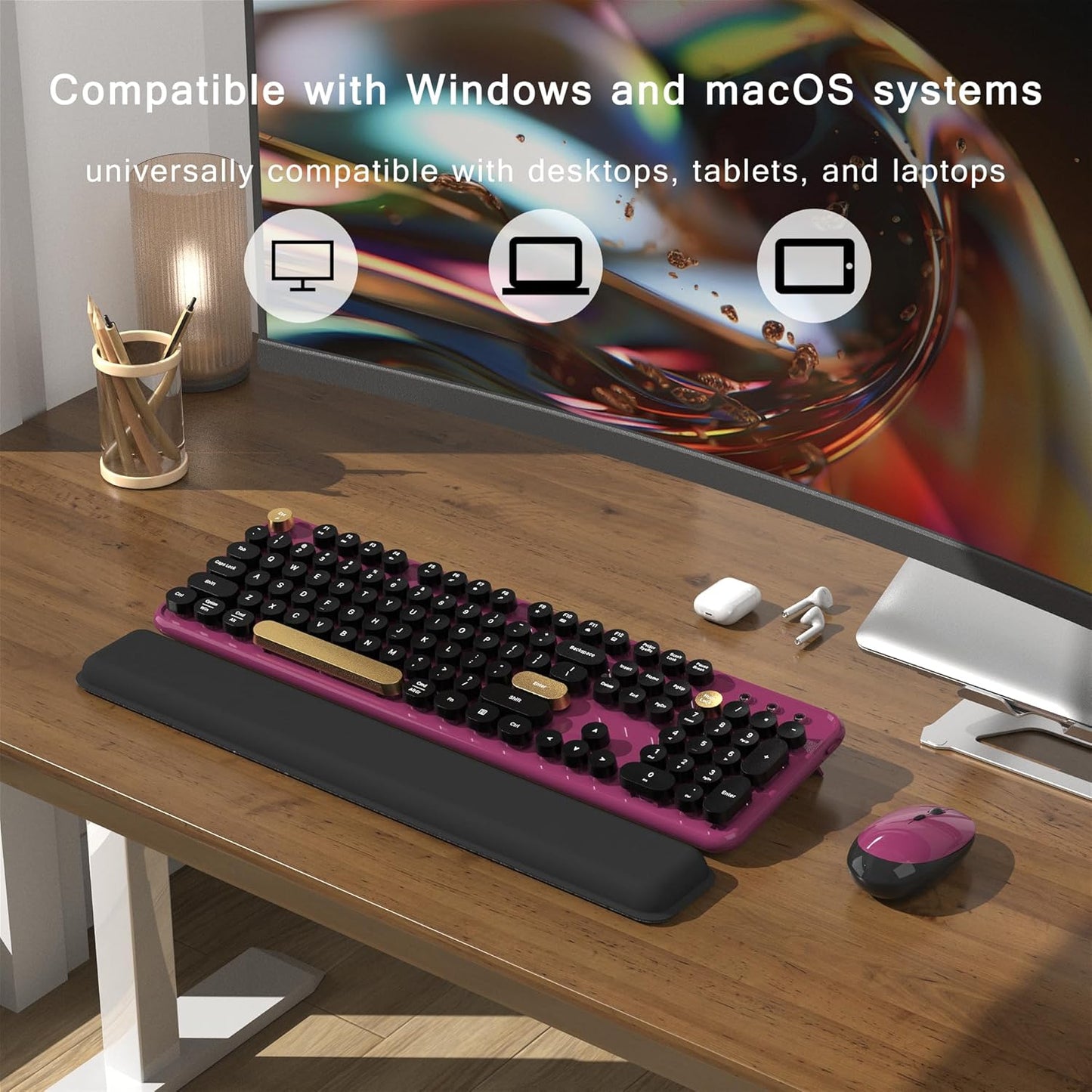 Colorful Wireless Computer Keyboard and Mouse Combo with Round Typewriter Keycaps, Retro Design, Power Switch, Ergonomic Design, 2.4GHz Wireless for Windows, Mac, PC（Black-Claret）