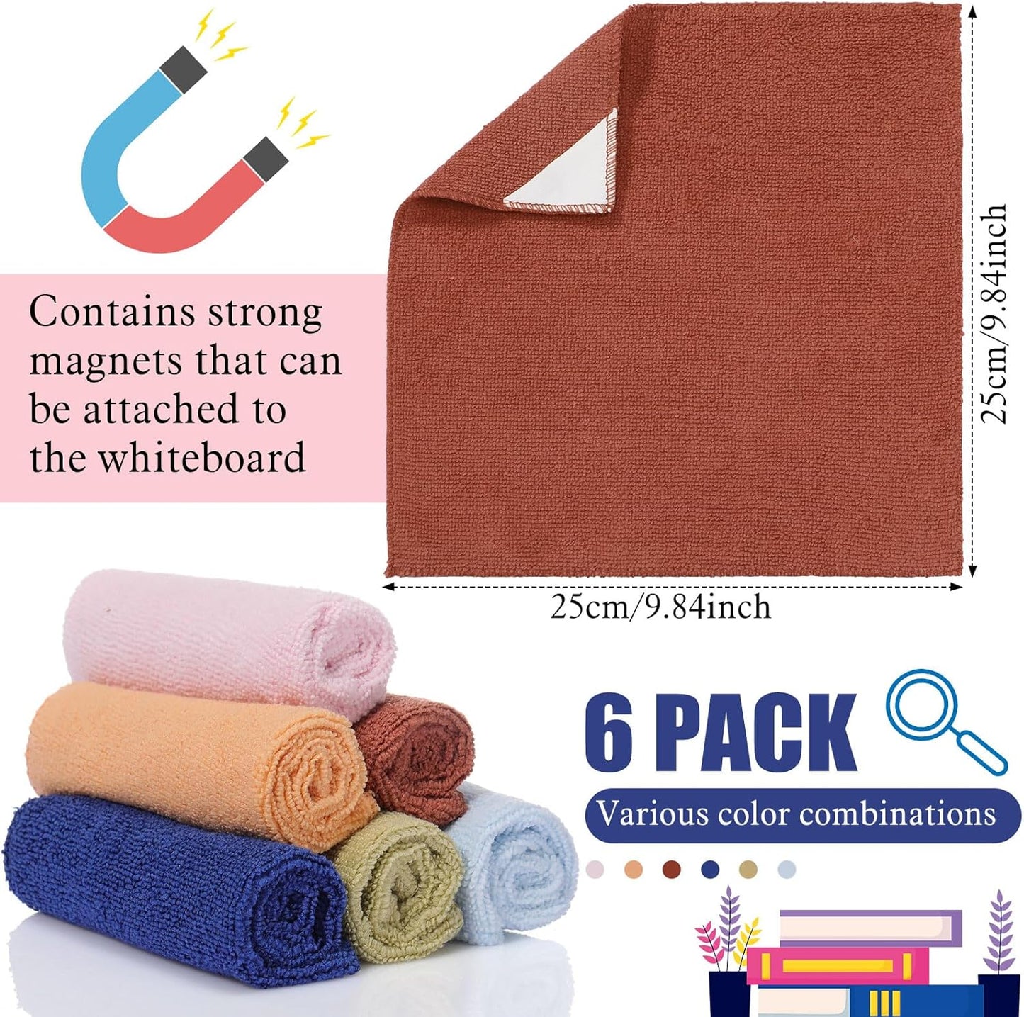 6 Pack Magnetic Whiteboard Cleaning Cloth Extra Strong Magnetism 10'' X 10'' Colorful Microfiber Dry Erase Cloth Reusable Washable Whiteboard Eraser for Classroom, Home and Office Use(Morandi Color)